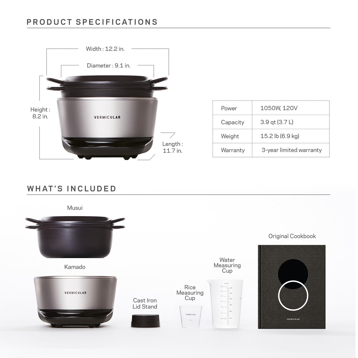 Vermicular Musui–Kamado (RICEPOT) | Cast Iron Induction Cooker | Precision Multicooker | Japanese Rice Cooker | Slow Cooker | Non-Toxic Enameled Cast Iron Pot | Matte Black & Silver | US Model (120V)