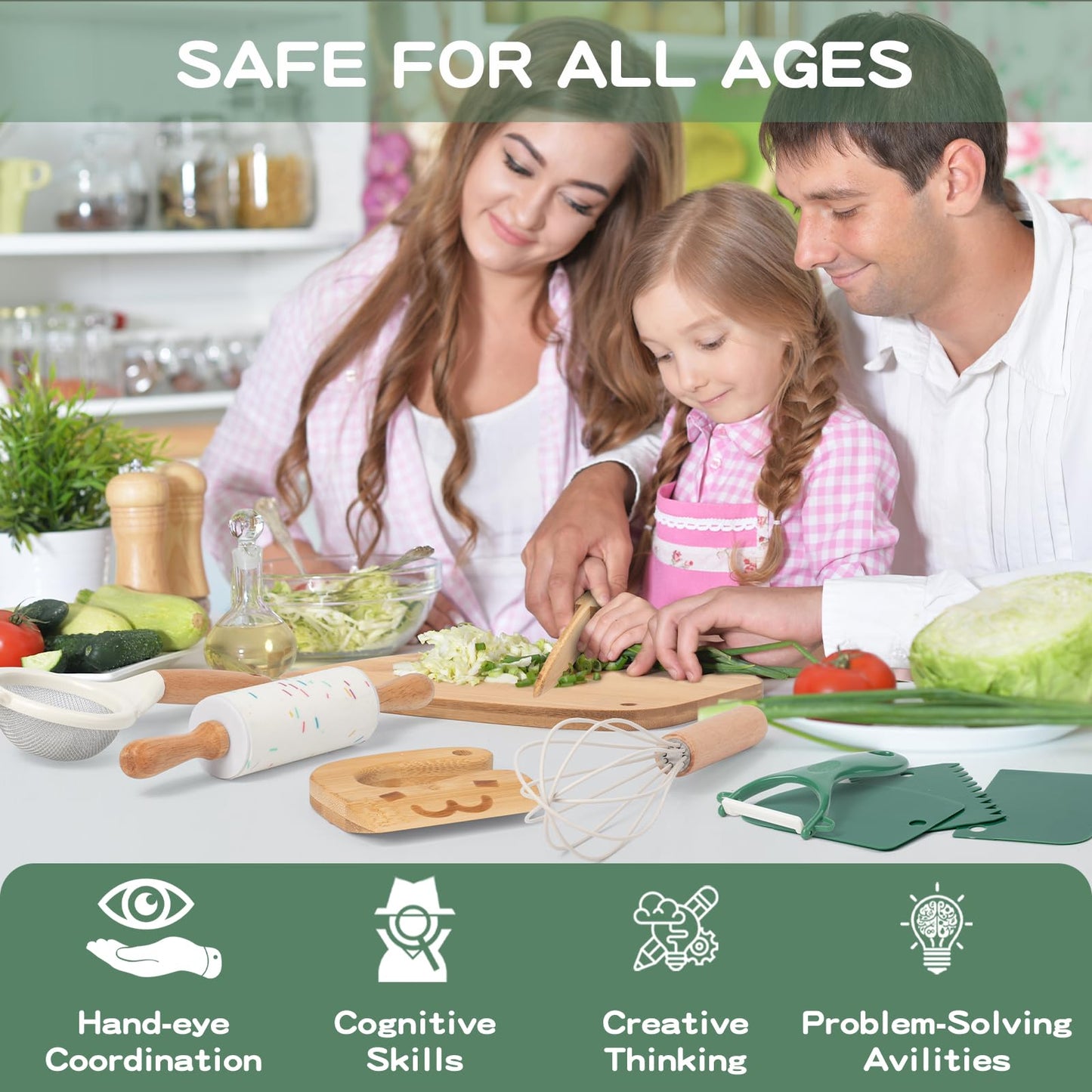 17 PCS Kids Knife Set for Real Cooking, Montessori Kitchen Tools for Toddlers, Cooking and Baking Set for Kids Little Chefs, Crinkle Cutter, Cutting Board, Safe Knife