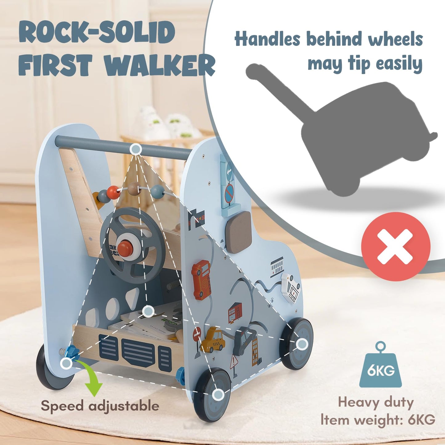 Giant bean 11-in-1 Wooden Baby Walker with Activity Center, Car Theme Montessori Walking Toy with Steering Wheel Tool Bench, Push Walker Speed Adjustable, Learning to Walk Gift for Toddler 1-6