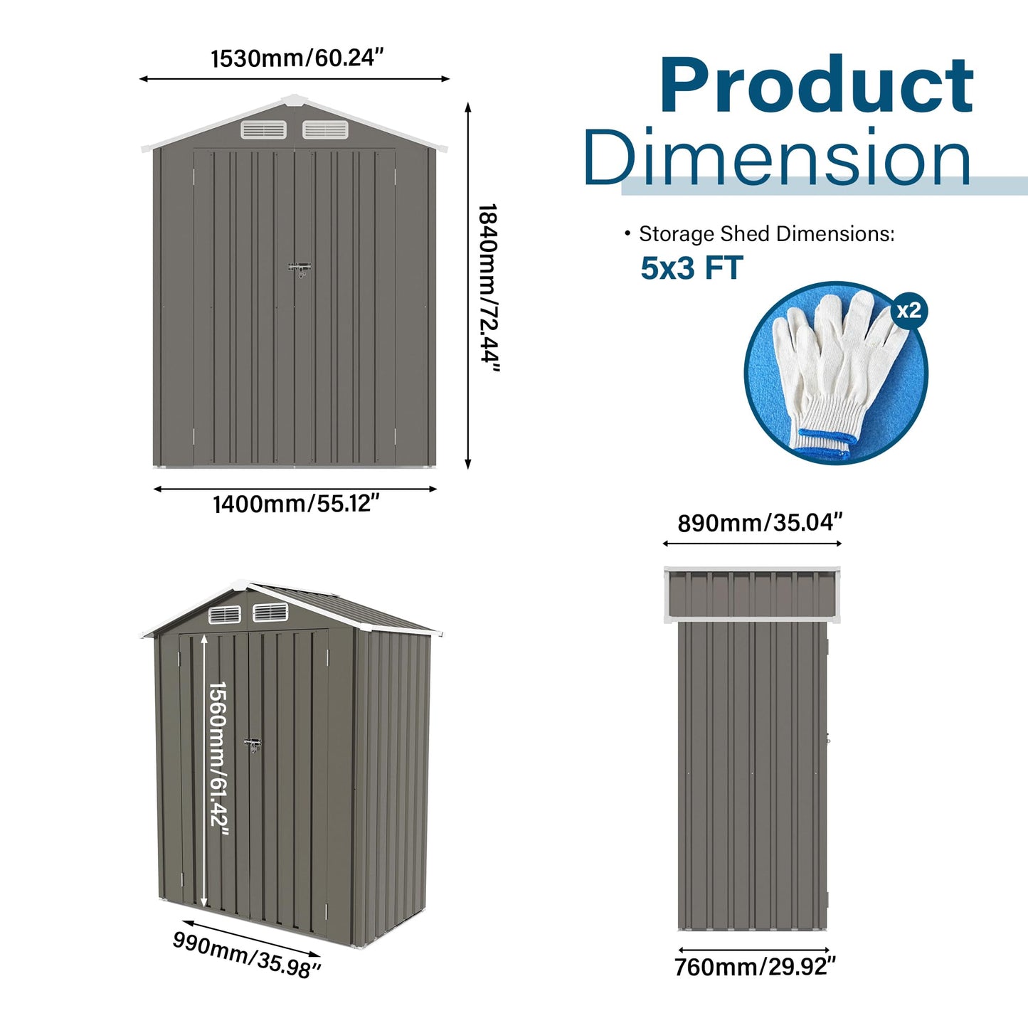 Caroluck 5x3 FT Metal Outdoor Storage Shed All-Weather Tool Shed with Peaked Waterproof Roof Lockable Door for Garden, Patio, Backyard & Lawn Organization, Gray