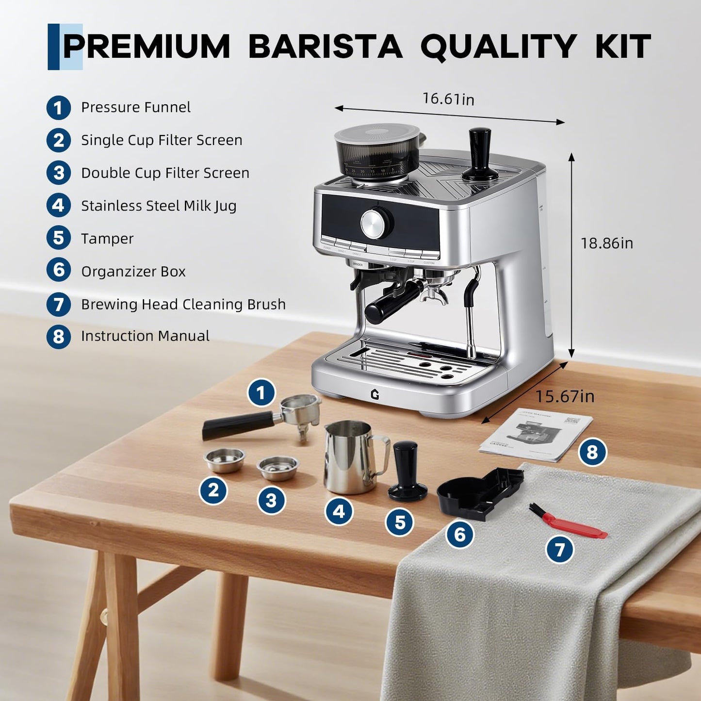 OUTLANE Espresso Machine with Grinder - 20 Bar Pressure, Stainless Steel Build, 1.5L Removable Water Tank, Milk Frother & Steam Wand for Latte/Cappuccino, Adjustable Espresso Shot Volume - Professiona