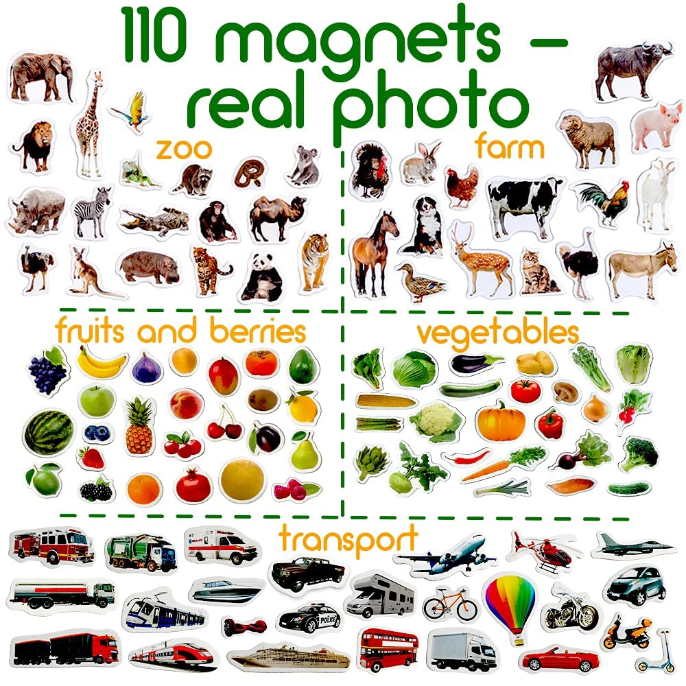 110 Fridge Magnet for Toddlers in Gift Tin Box Kids Magnets for Fridge - Realistic Magnetic Animals for Refrigerator - Safe Educational Materials for Baby: Zoo, Farm, Fruits, Vegetables, Transport