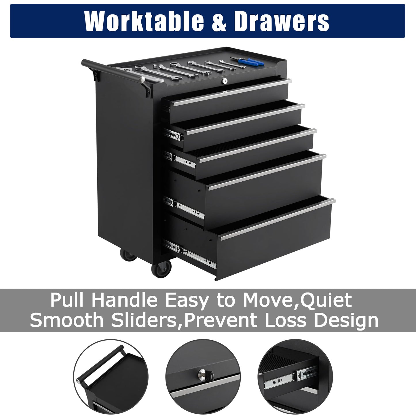 MilleLoom Professional Workstation Version 24" 5-Drawer Rolling Tool Chest - Lockable Storage Cabinet with Wheels for Workshop & Garage Organization