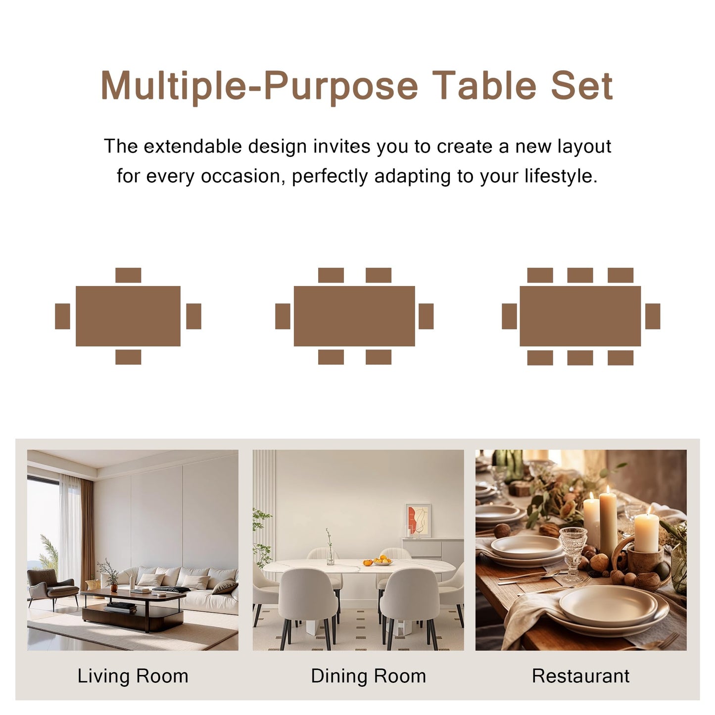 Einhomn 7-Piece Dining Table Set, 63" Extendable Kitchen Room Table with 6 Stools, Mid Century Modern Dinner Table with Metal Frame & MDF Board, Space-Saving, Easy Assembly, Walnut