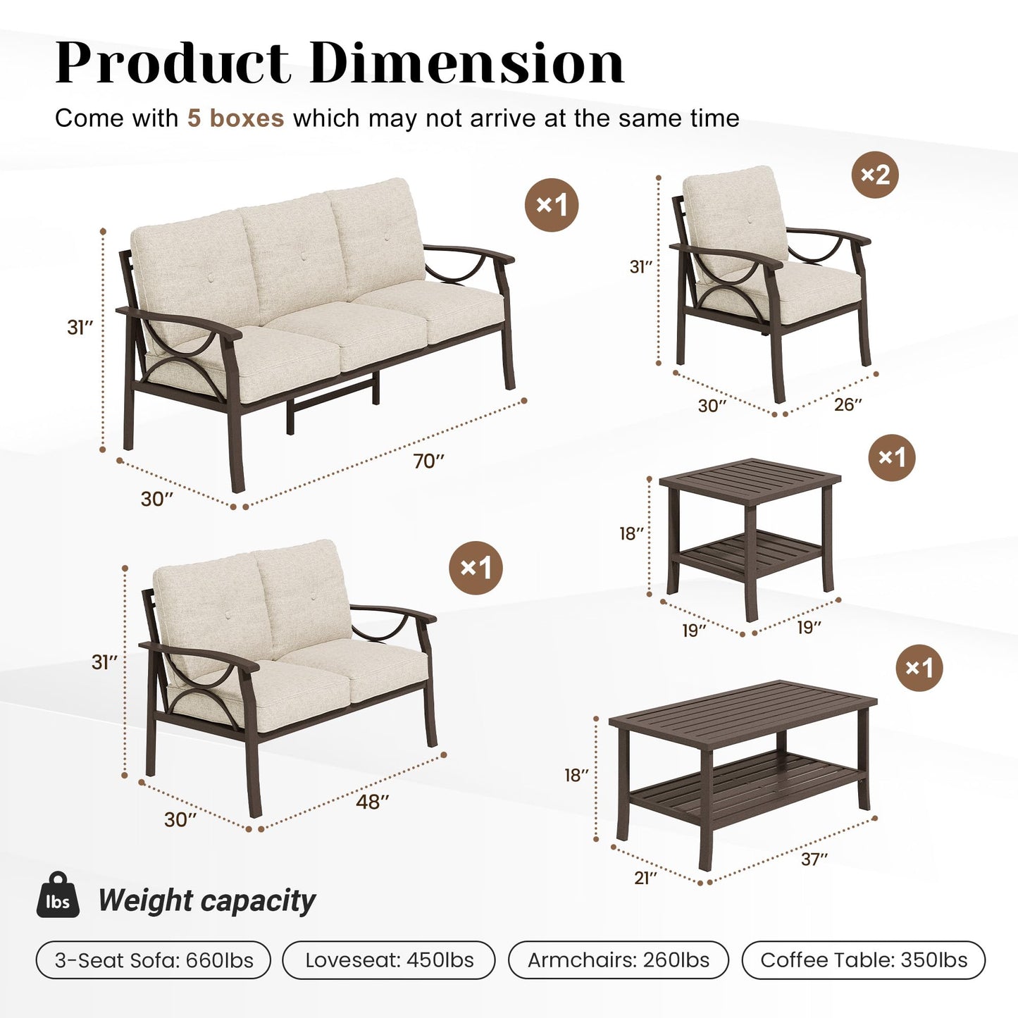 FansaFurn 6-Piece Outdoor Patio Furniture Set, Outdoor Metal Sectional Furniture with Cushions, Outdoor Conversation Seating Set with Side Table for Deck, Backyard, Garden, Balcony, Khaki