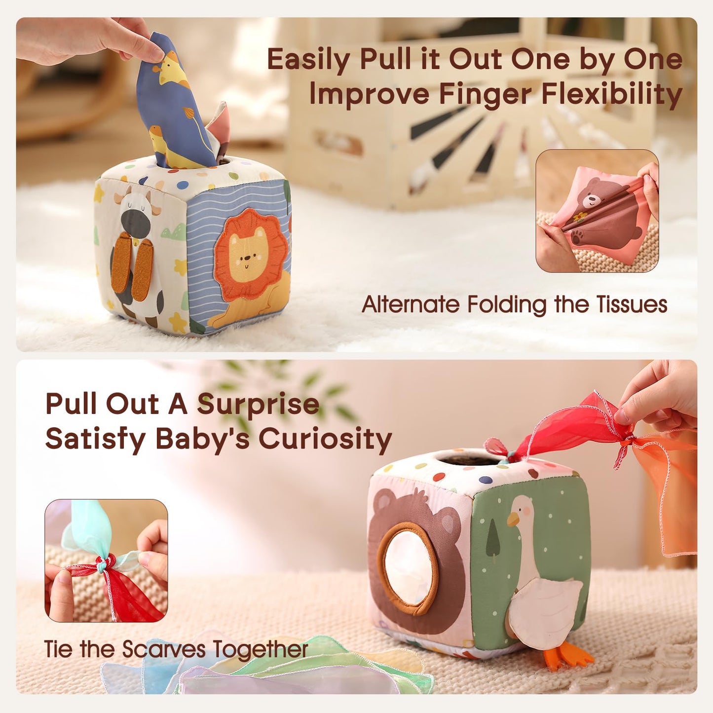 Youuys Baby Toys 6-12 Months Toys （ Montessori Toys Baby Tissue Box Sensory Toys & Jungle Soft Stuffed Animal Set with Rattle） - Toddlers Sensory Montessori Toy for 6 12 18 Months