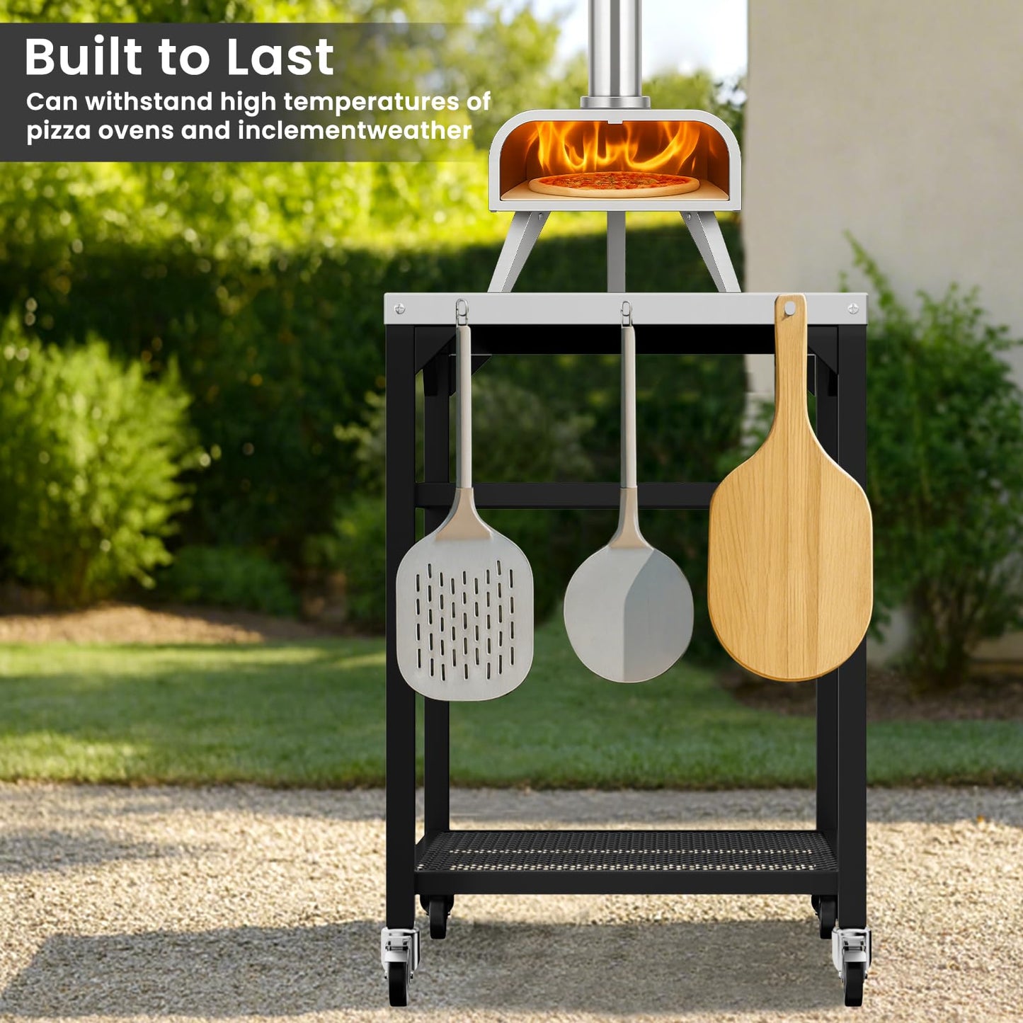 Pizza Oven Table for Ninja Woodfire, Blackstone, Cuisinart, 32x24 Inch Stainless Steel Outdoor Grill Prep Cart with Hooks, Portable Food Station