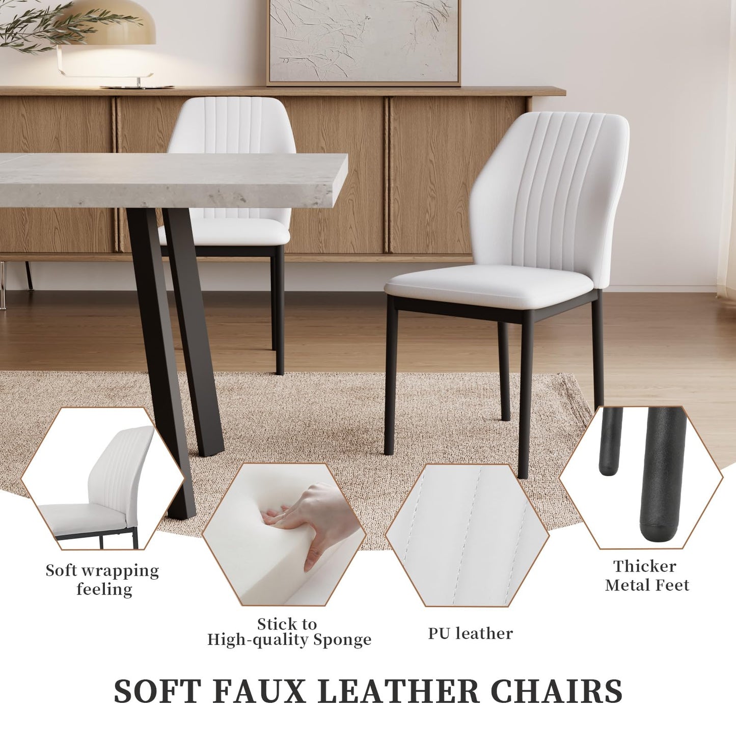 Zerifevni 47.2"- 62.9" Extendable Dining Table Set for 6, Modern Kitchen Table with 6 PU Leather Chairs, Thickened Expandable MDF Wooden Table with Metal Legs for Dining Room, Kitchen, Office