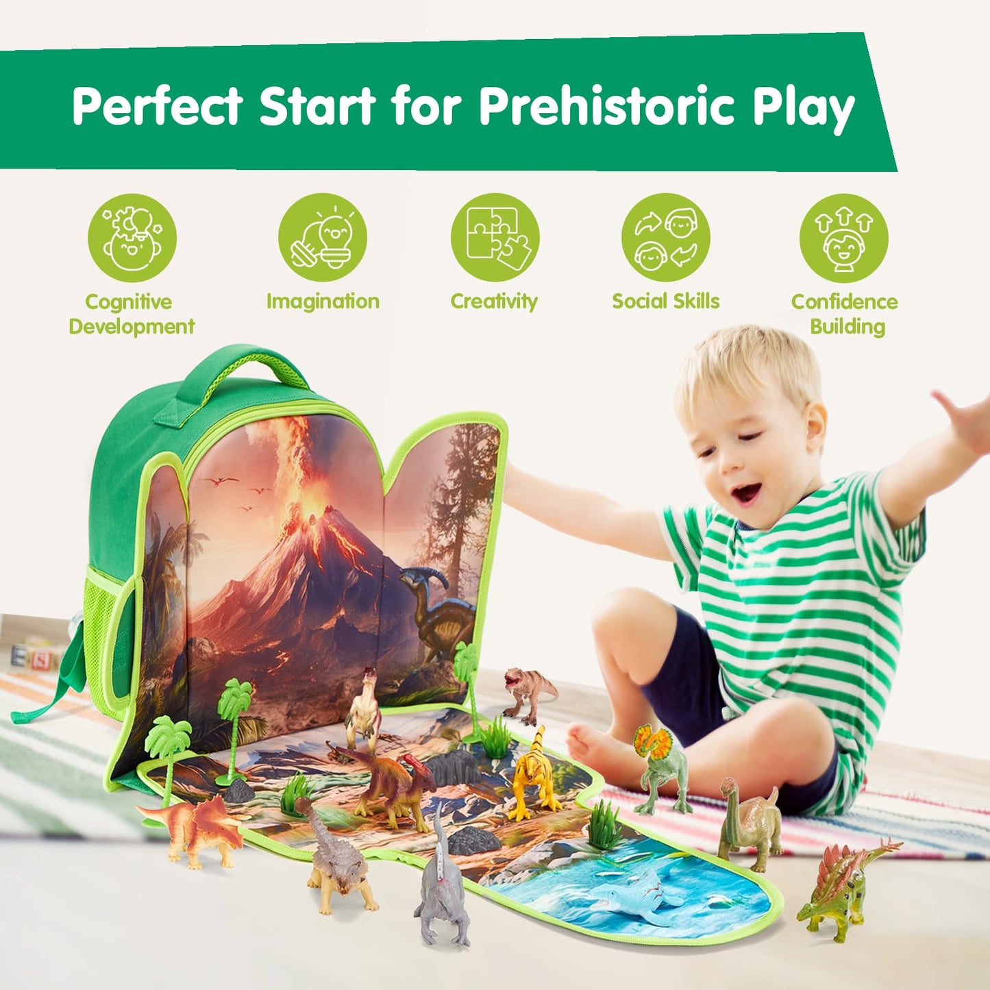 COCO&Friends Dinosaur Toys for Kids 3-5 - Portable Dinosaur Backpack Play Set with Foldable 3D Mat, Pretend Play Toy for 4 Year Old Boy Birthday Gift - Travel Outdoor Beach Toys for Kids Ages 4-8
