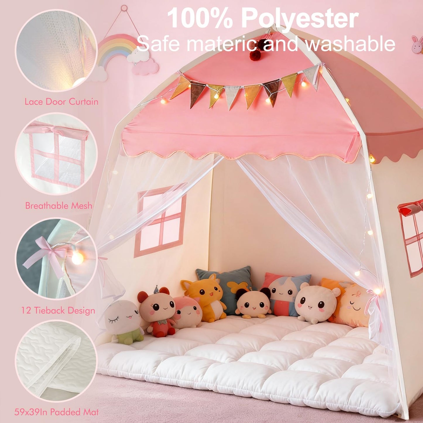 Kids Play Tent Indoor Teepee: Princess Castle Reading Nook with Mat Lights Carry Bag Mesh Windows Quick Setup for Bedroom Playroom Girls Ages 3-12 - 59x39x59 in