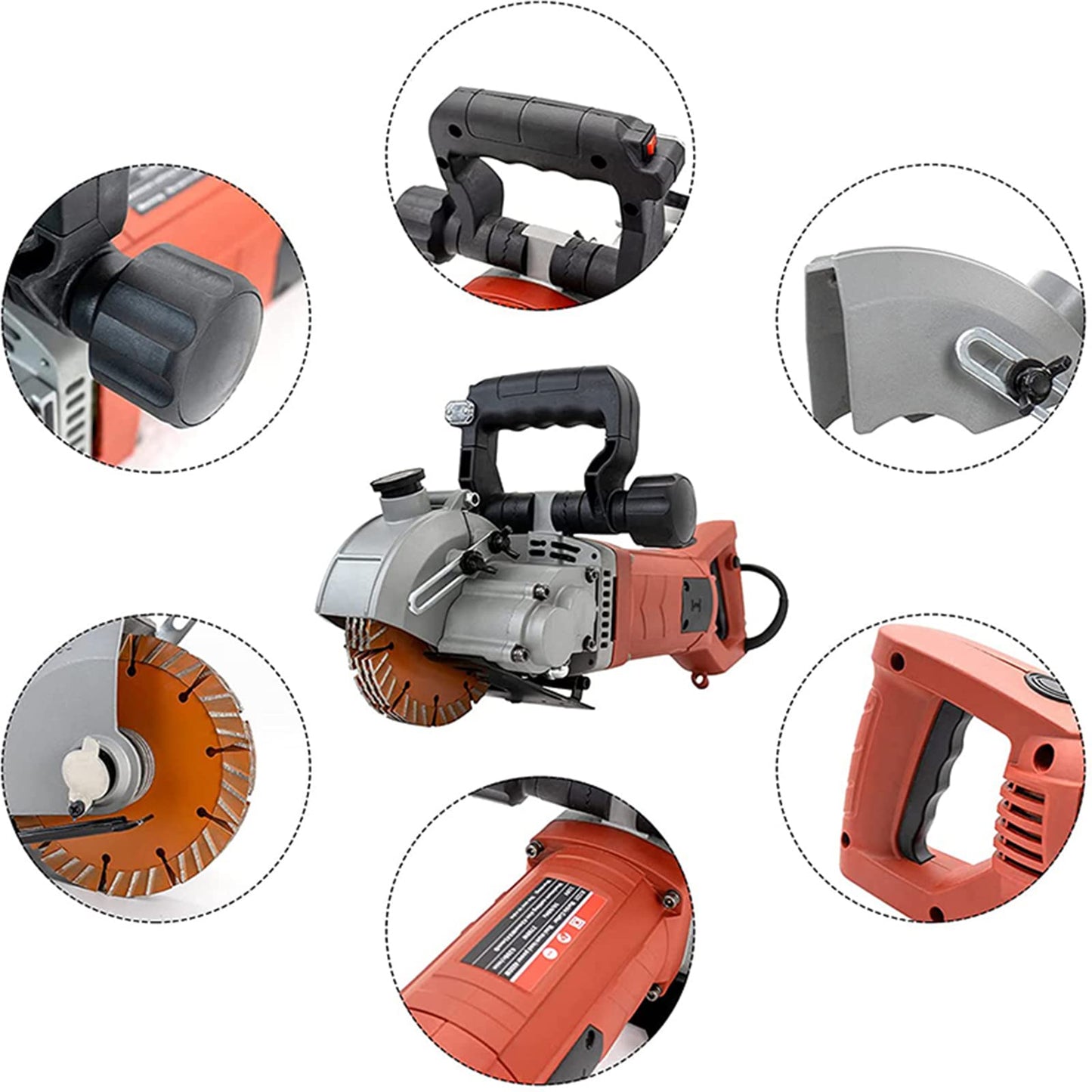 VICSEC Electric Wall Grooving Cutting Machine Chaser 110V for Slotting Brick Granite Marble Concrete Grooves With 5Pcs 5Inch 133mm Diameter Saw Blades Dustproof and Line Infrared Sighting