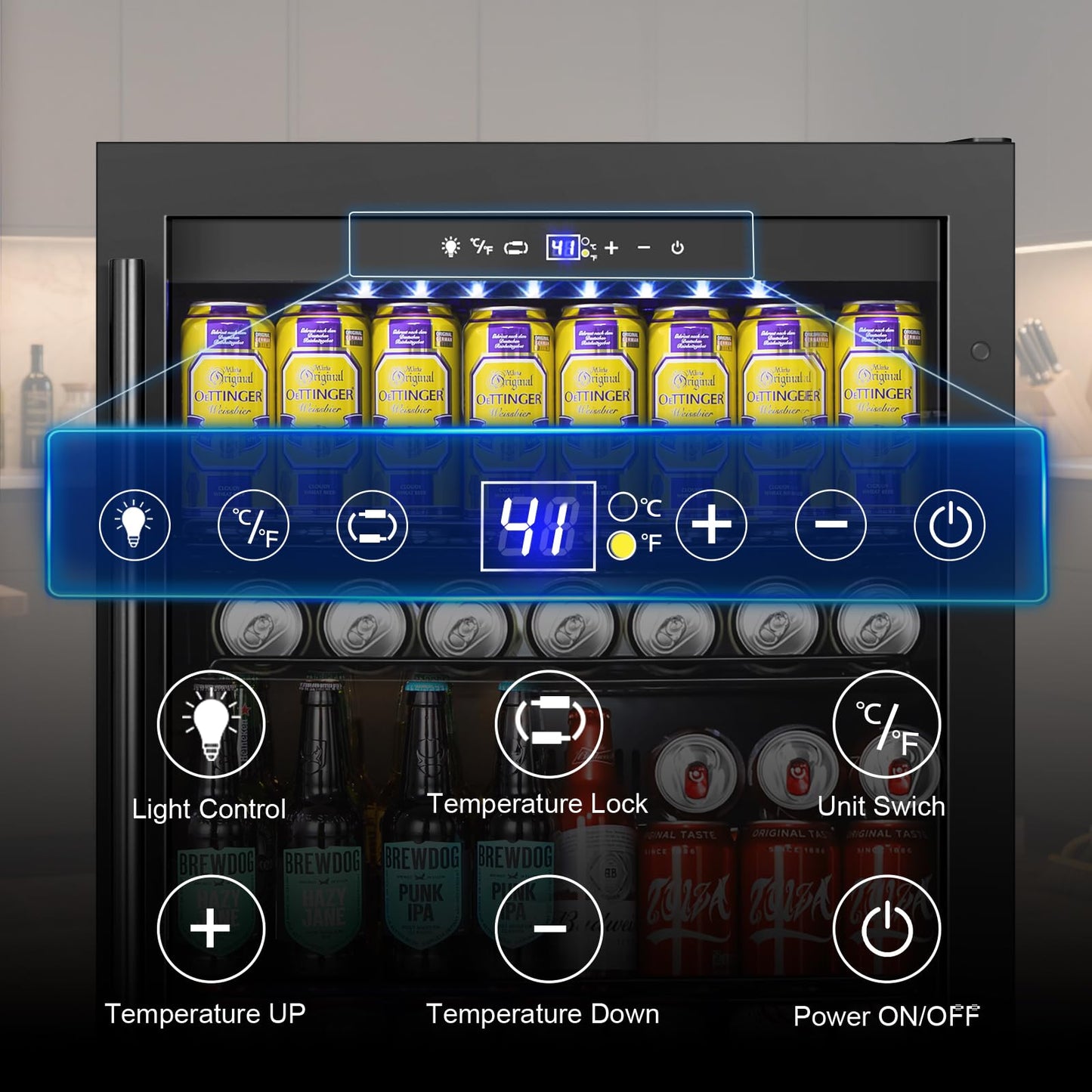 FoMup Beverage Refrigerator 24 Inch 200 Can Drink Fridge with Glass Door, Under Counter/Freestanding Beverage Cooler with Temperature Control, Reversible Door, Quick Cooling for Beer Soda Wine, Black