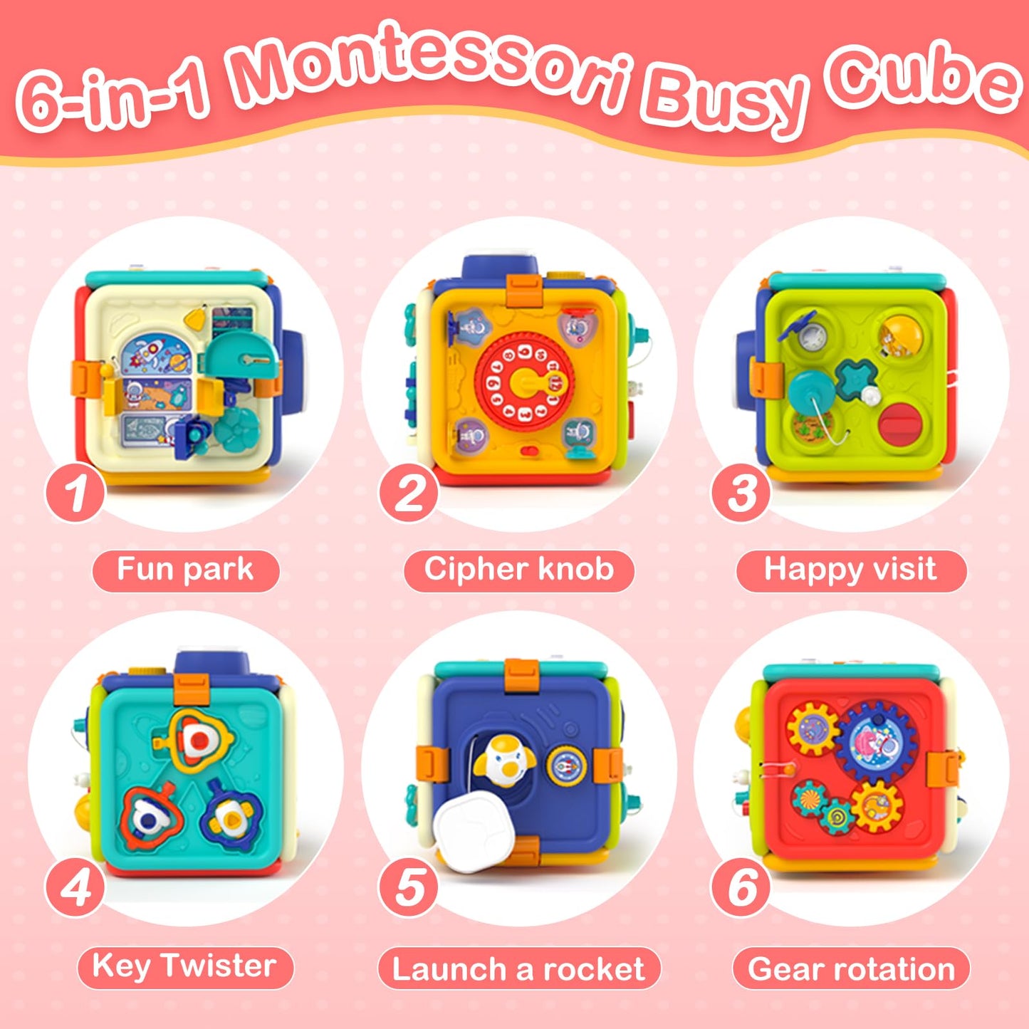 Covsen Montessori Toy for 1+ Year Old Girl Gift – 6-in-1 Busy Board for Toddlers 1 2 3 4 Year Old – Educational Sensory Early Development Toys– First 1st Birthday Gifts for Kids