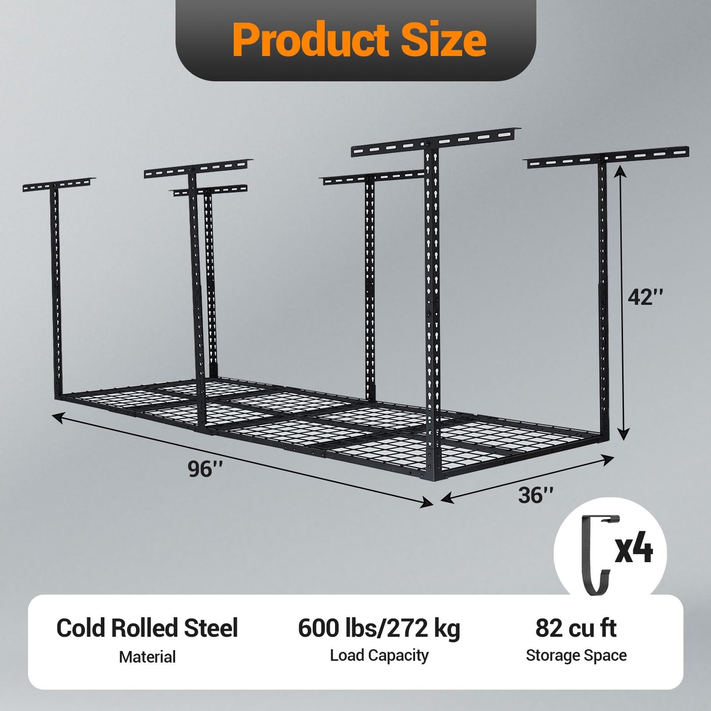 GarveeHome 3x8 ft Garage Ceiling Storage Racks, Overhead Garage Storage Rack Organization, Adjustable Ceiling Mounted Storage Racks, 600LBS Weight Capacity, Metal Garage Storage Organization Systerm