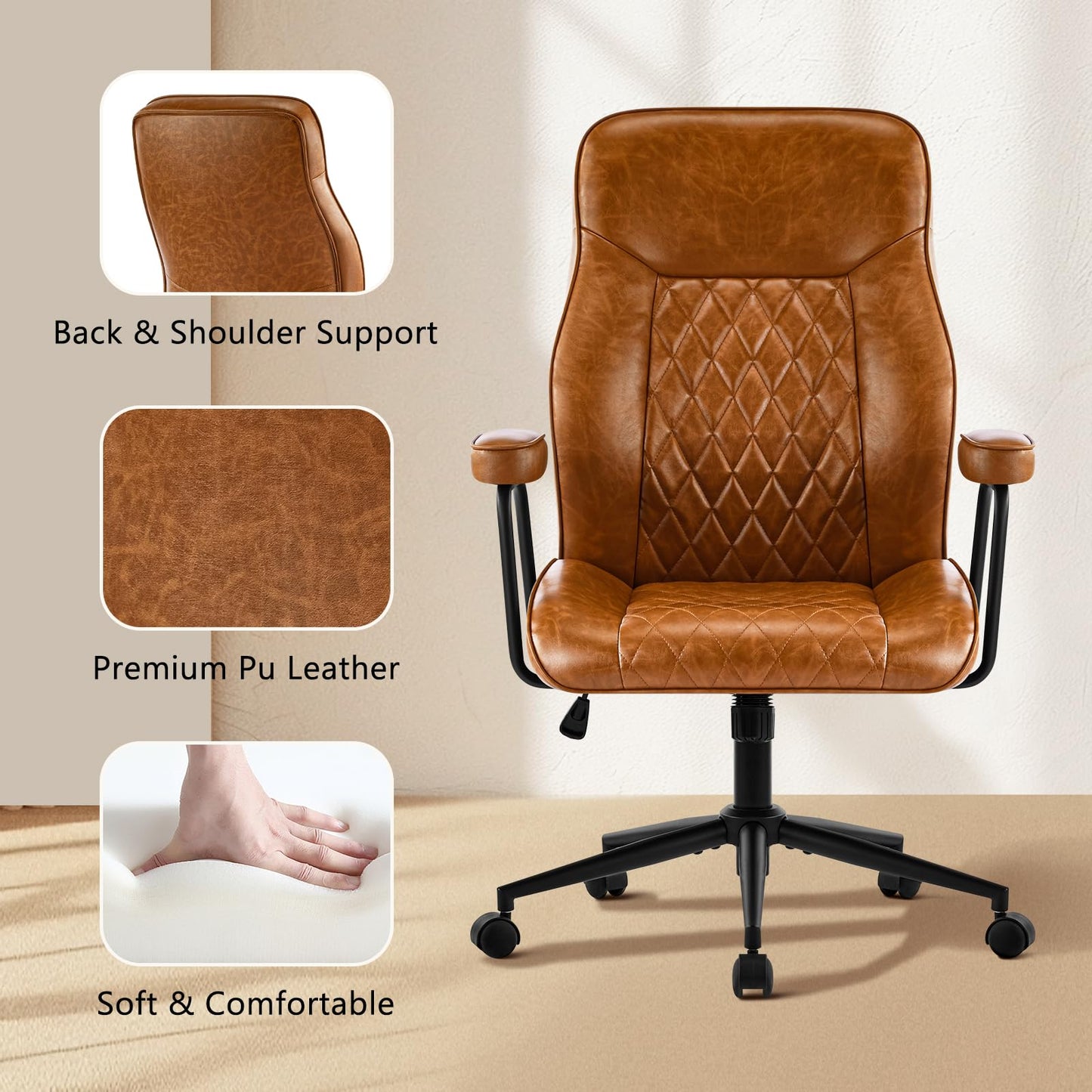 Furnistyle Leather Home Office Desk Chairs, Comfy Office Chair, Mid Century Modern Office Chair with Lumbar Support, Mid-Back Adjustable Swivel Computer Chair with Wheels and Arms, Brown