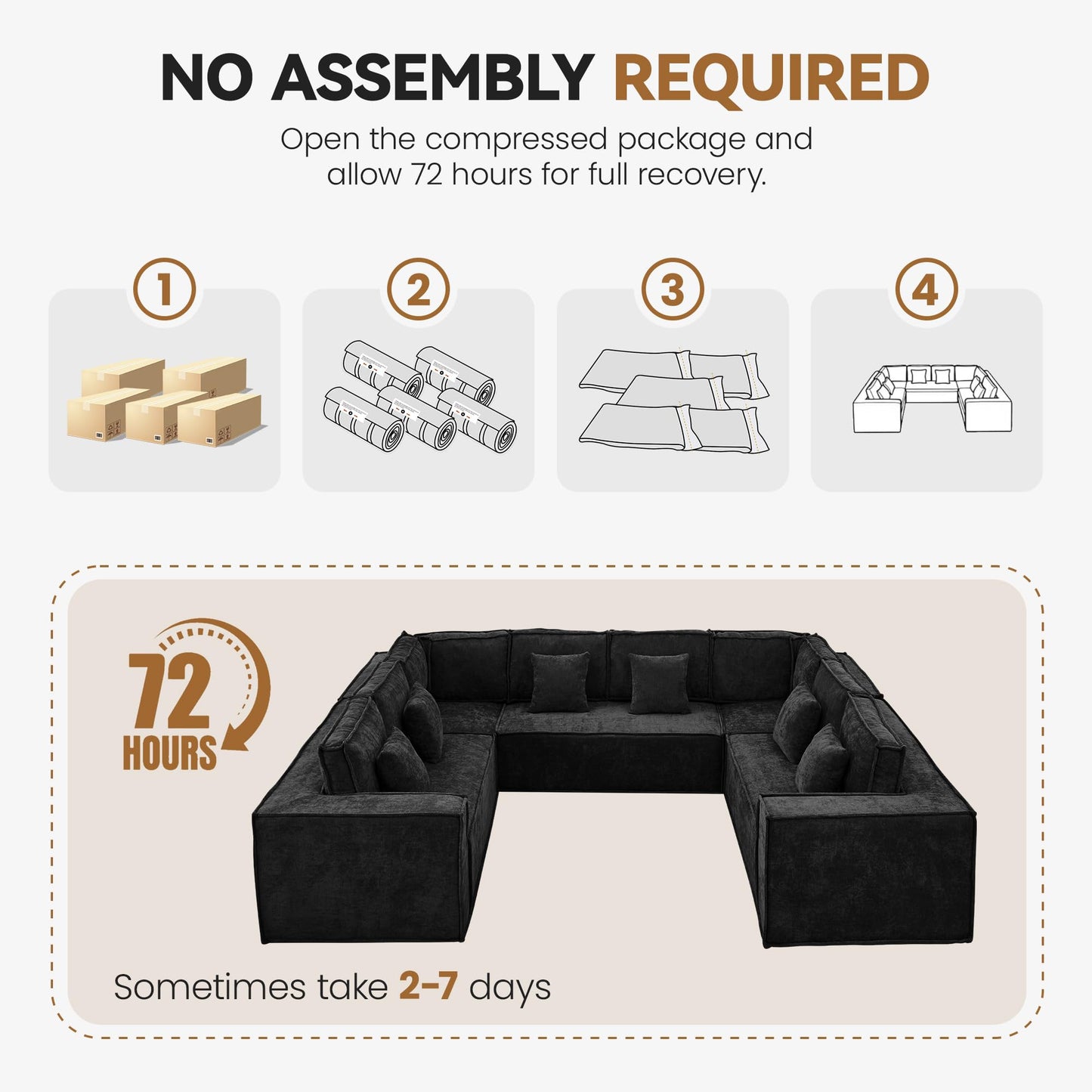 138'' Boneless Chenille U Shaped Couch, Oversized Modular Sectional 8 Seater Sofa, Modern Deep Seat Corner Cloud Compressed Couch, No Assembly Sleeper Sofa with Chaise for Living Room, Black