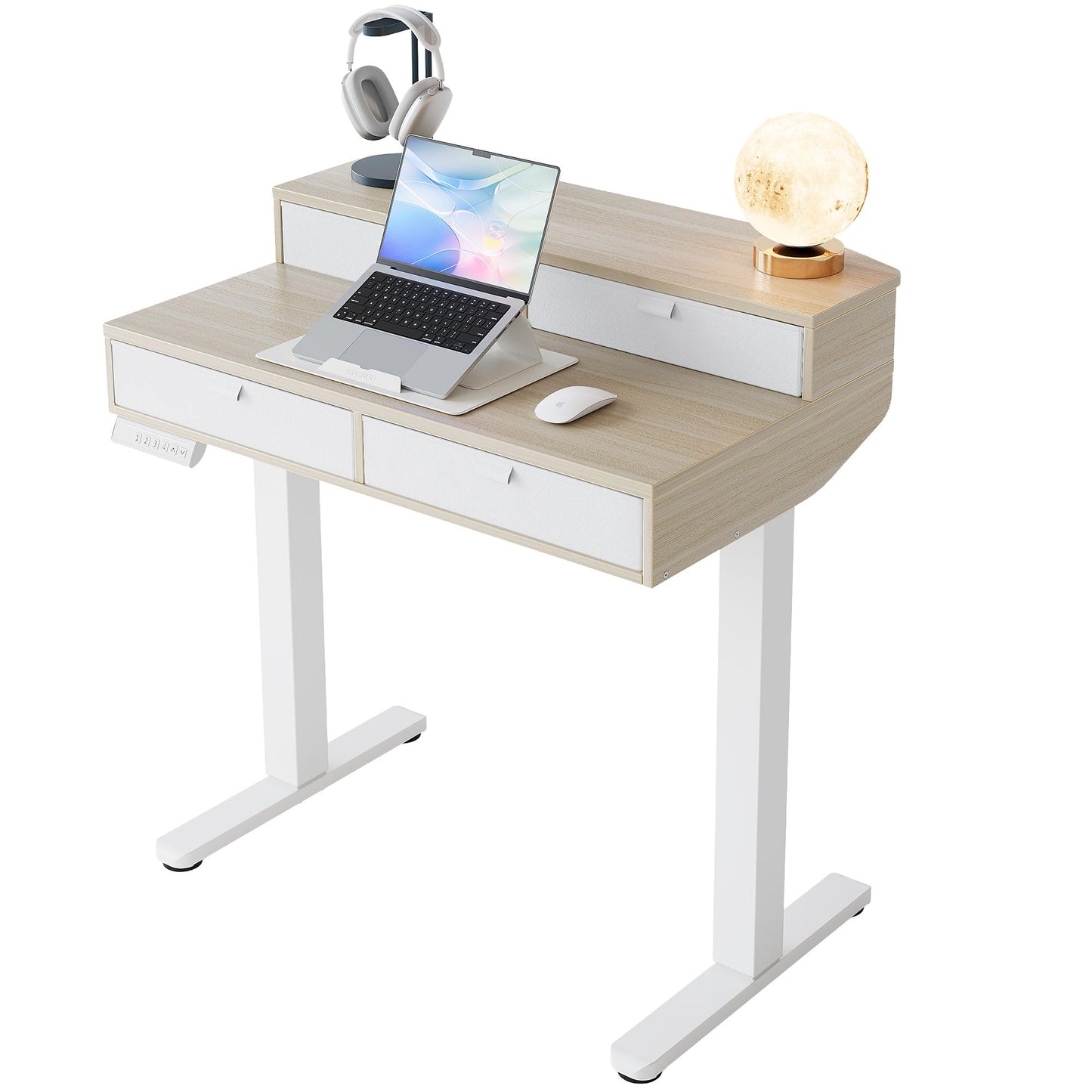 HUANUO 32 x 20 inch Electric Standing Desk with 4 Drawers, Adjustable Height Sit Stand Home Office Desk C-Clamp Mount Compatible, Ergonomic Stand up Desk with 4 Preset Heights, Natural