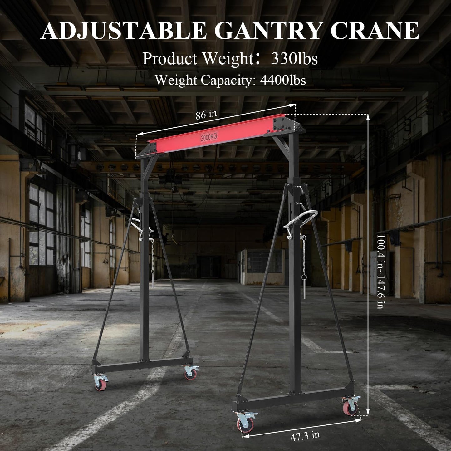 2 Ton Heavy-Duty Adjustable Gantry Crane, 4400 Lbs Capacity, 8.5Ft Span, 7.5Ft-12Ft Adjustable Height, Steel Hoist with Locking Wheels for Warehouse Workshop Garage