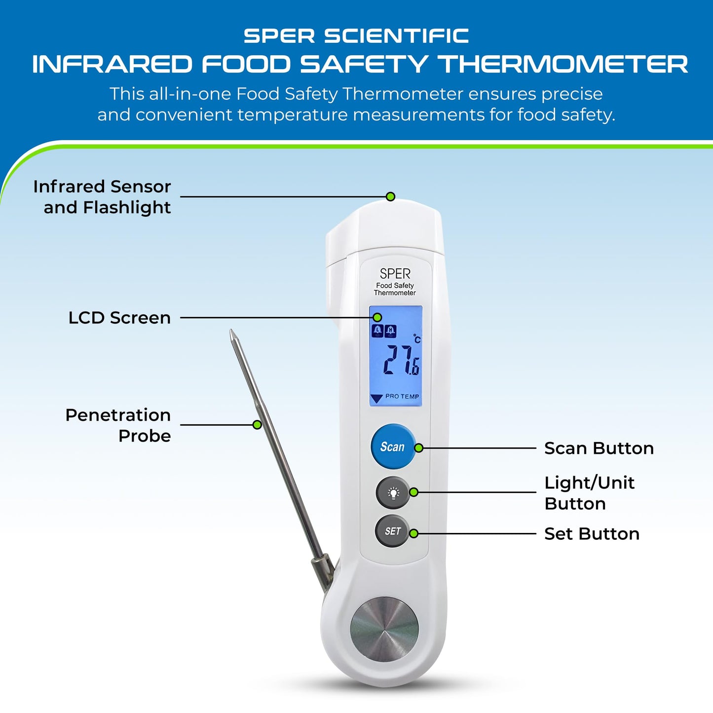 Sper Scientific Dual Function Infrared & Probe Food Safety Thermometer 800115 - Non-Contact Infrared Surface Temperature & Foldable Probe for Internal Temps, Fast & Accurate for Kitchens & more - 2 pc
