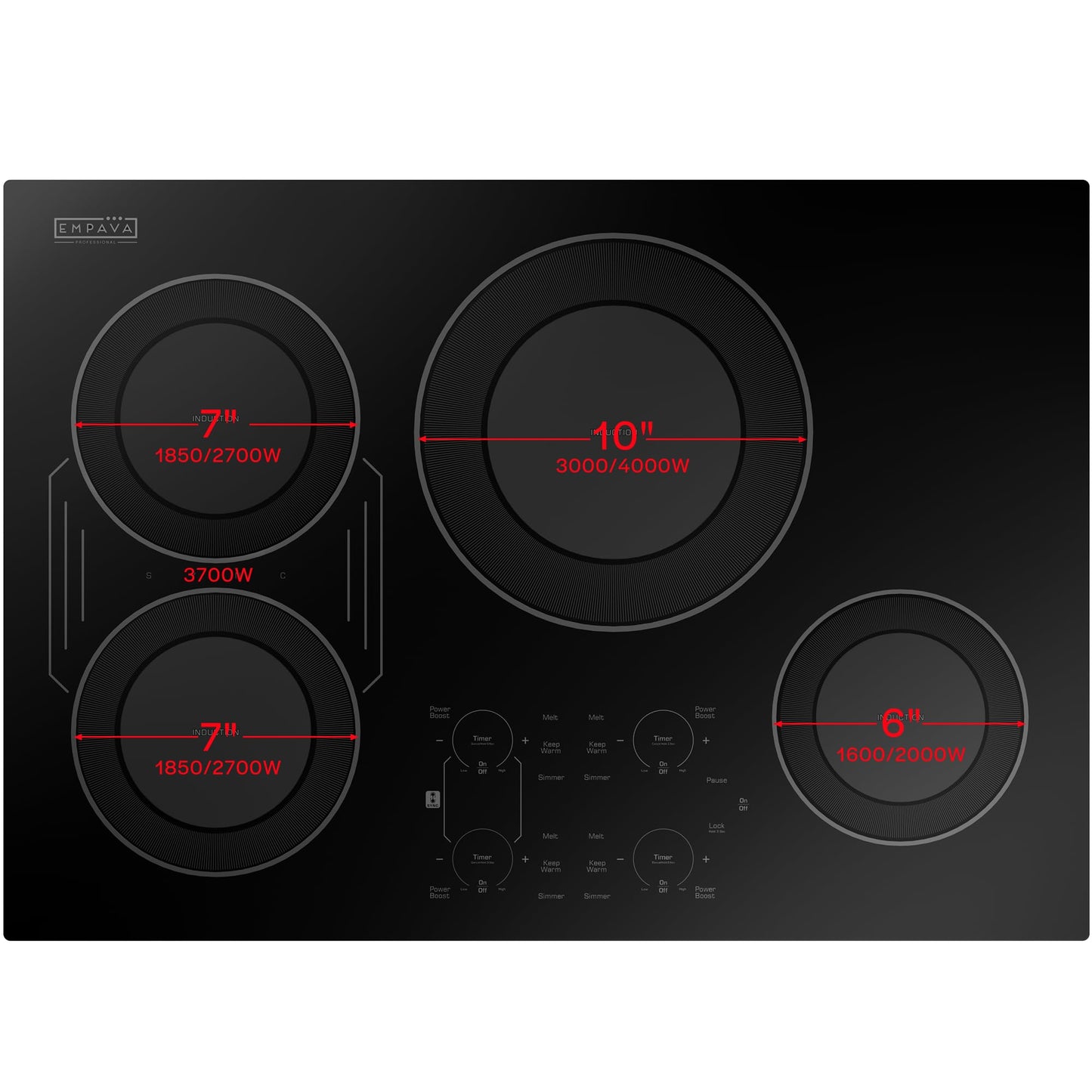 Empava 30 Inch Built-in Induction Cooktop 4 Burner, Bridge-SYNC, Auto RapidHeat, 3 Preset Modes, Pan Sensor, Hardwired 208~240V, 40A, Black Vitro Ceramic Glass