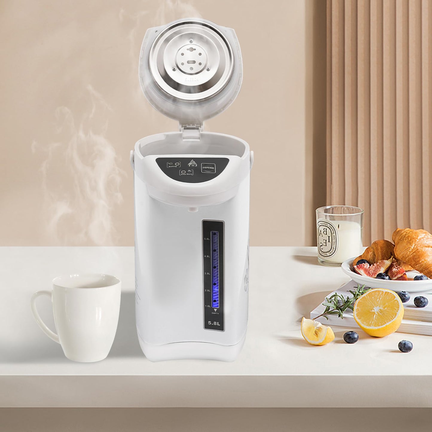 Water Boiler & Warmer 5.8Liter, 304 Stainless Steel Removable Water Tank, Electric Kettle 750W 3 Water Dispensing Modes, Insulated Stainless Steel with Filter Outlet, Rapid Heating (White)