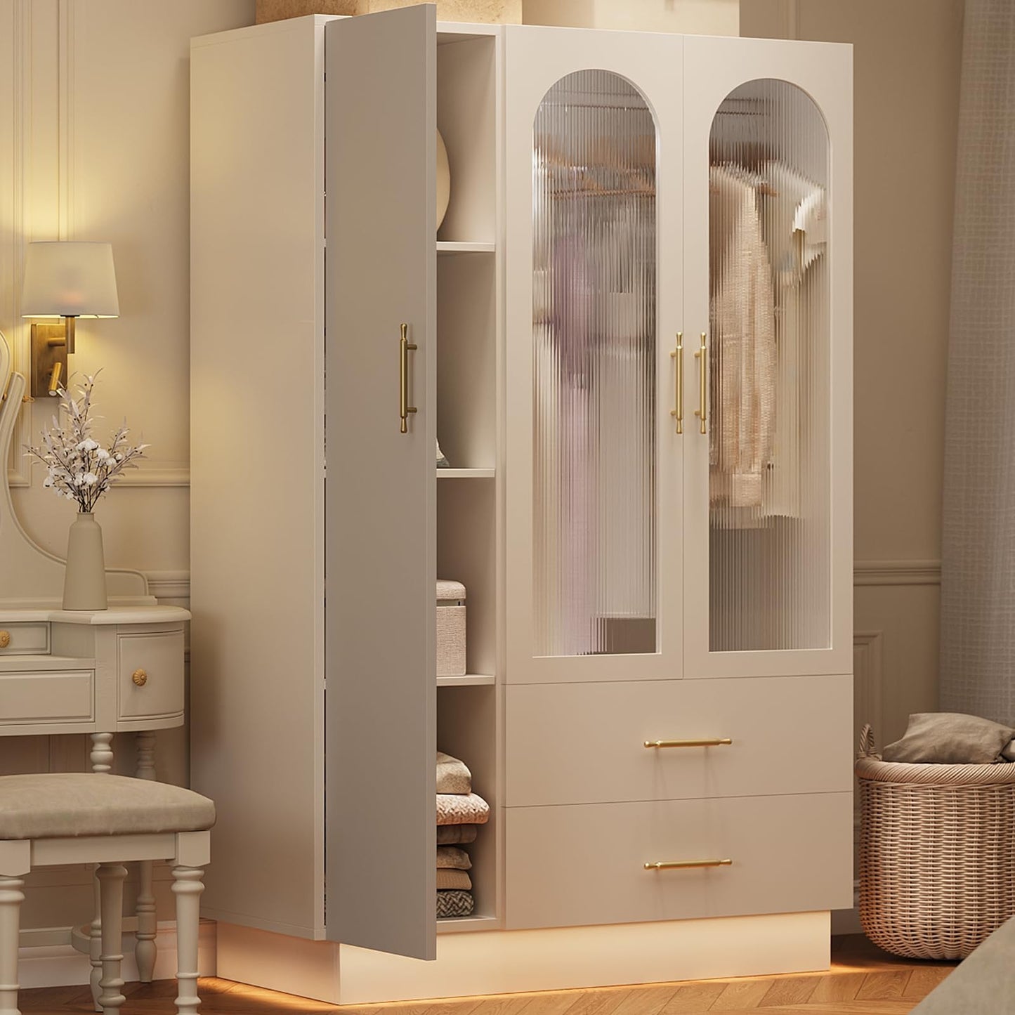 GarveeHome Bedroom Armoire Wardrobe Closet with 3 Doors & 2 Drawers, 71" Tall Wooden Large Armoire Storage Cabinet with Modern Fluted Glass & Shelves, w/Hanging Rod, Sturdy Frame, for Bedroom, White