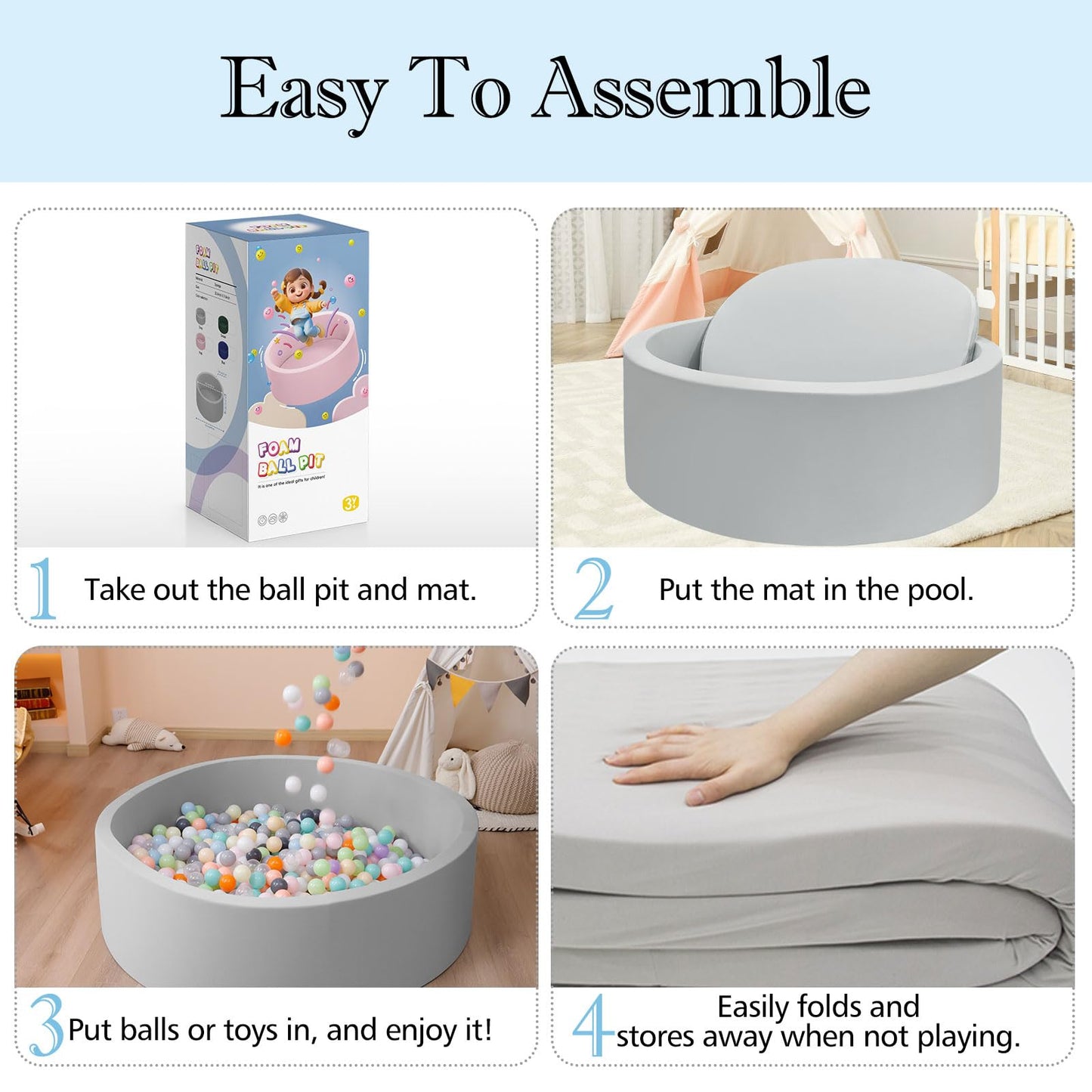 SHJADE Foam Ball Pit, 35.4"x 11.8" Ball Pits for Toddlers, Soft Round Kiddie Baby Playpen Ball Pool for Kids, Ideal Gift for Babies Indoor and Outdoor Game, Grey, (Balls not Included)