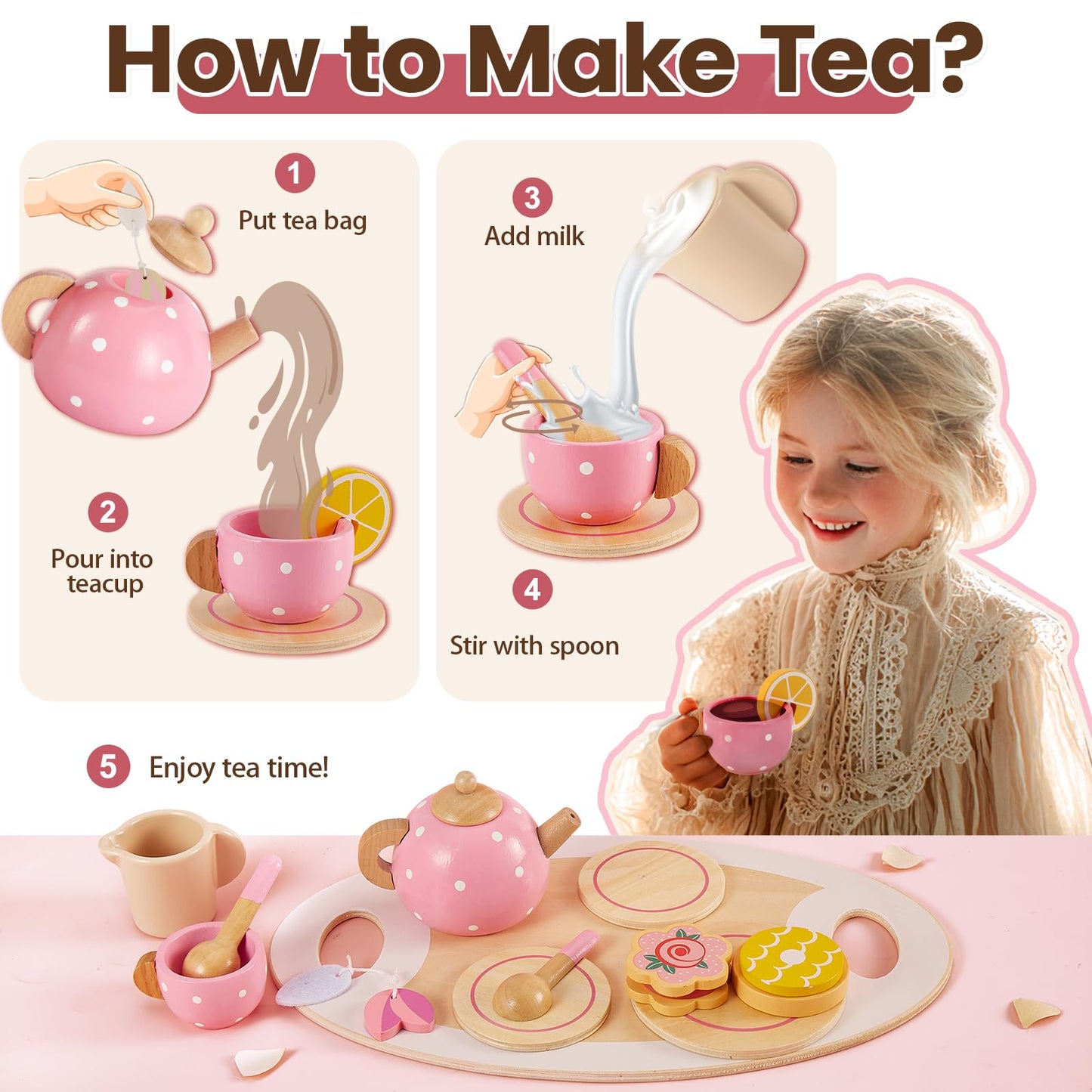BUYGER Kids Wooden Tea Party Set for Little Girls Toddler Pretend Play Food Kitchen Accessories Princess Birthday Gifts for Ages 3 4 5 Years Old