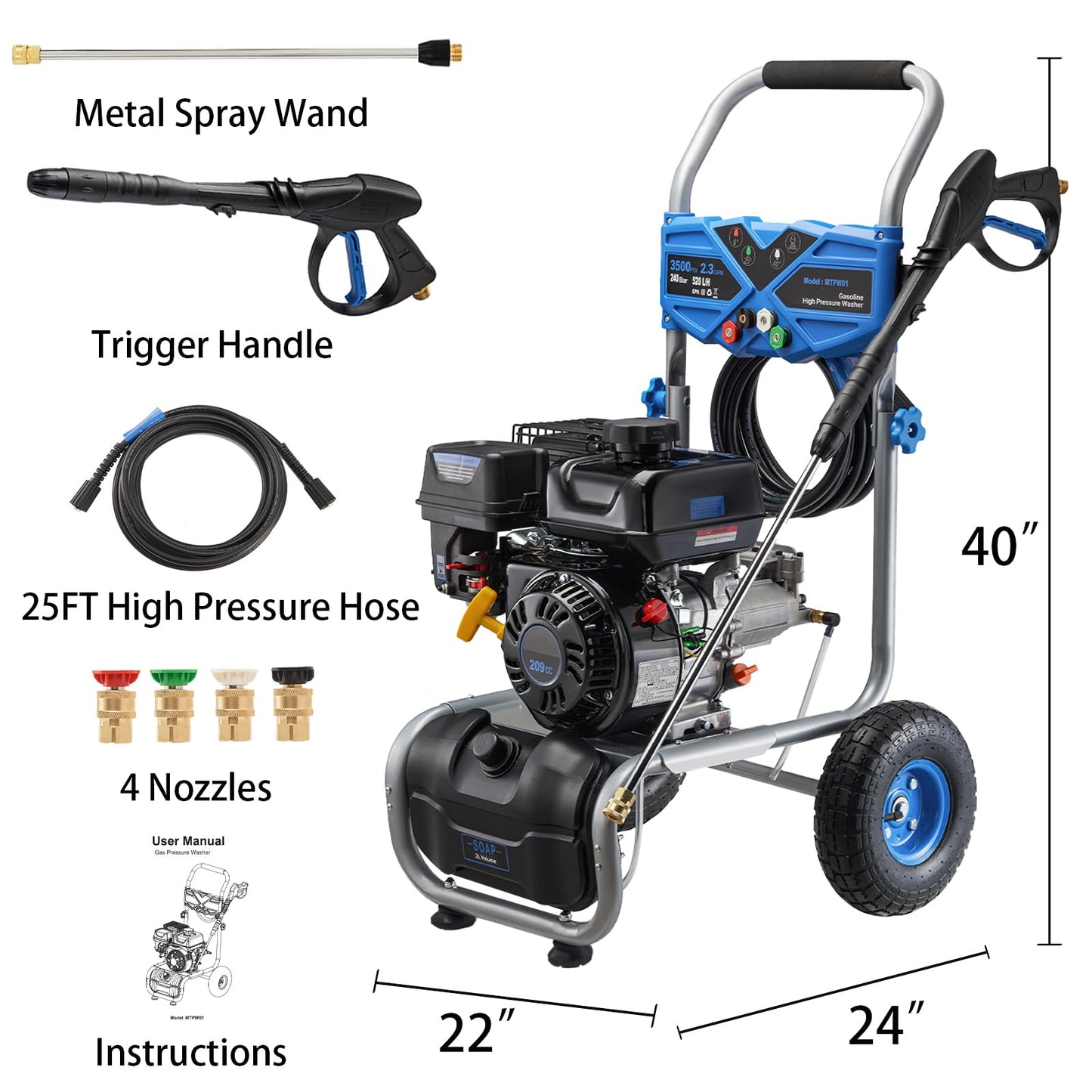 AACULPET Gas Pressure Washer 3500PSI, 209CC 2.3GPM Gas Power Washers with 25FT Hose, 4 Quick-Connect Nozzles, Soap Tank, Axial Pump, Commercial High Pressure Washers Gas Powered for Car Driveway Wall