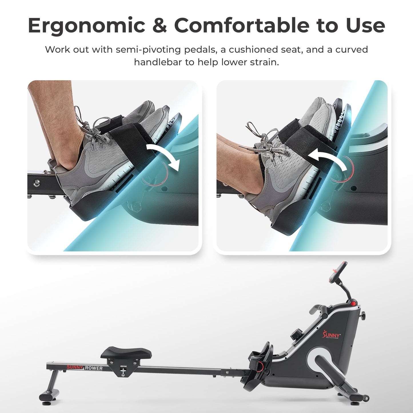 Sunny Health & Fitness Smart Compact Magnetic Rowing Machine with Stainless Steel Slide Rail – Magnetic Resistance Rower for Low-Impact Full-Body Workouts and Users up to 300 LB - SF-RW523043