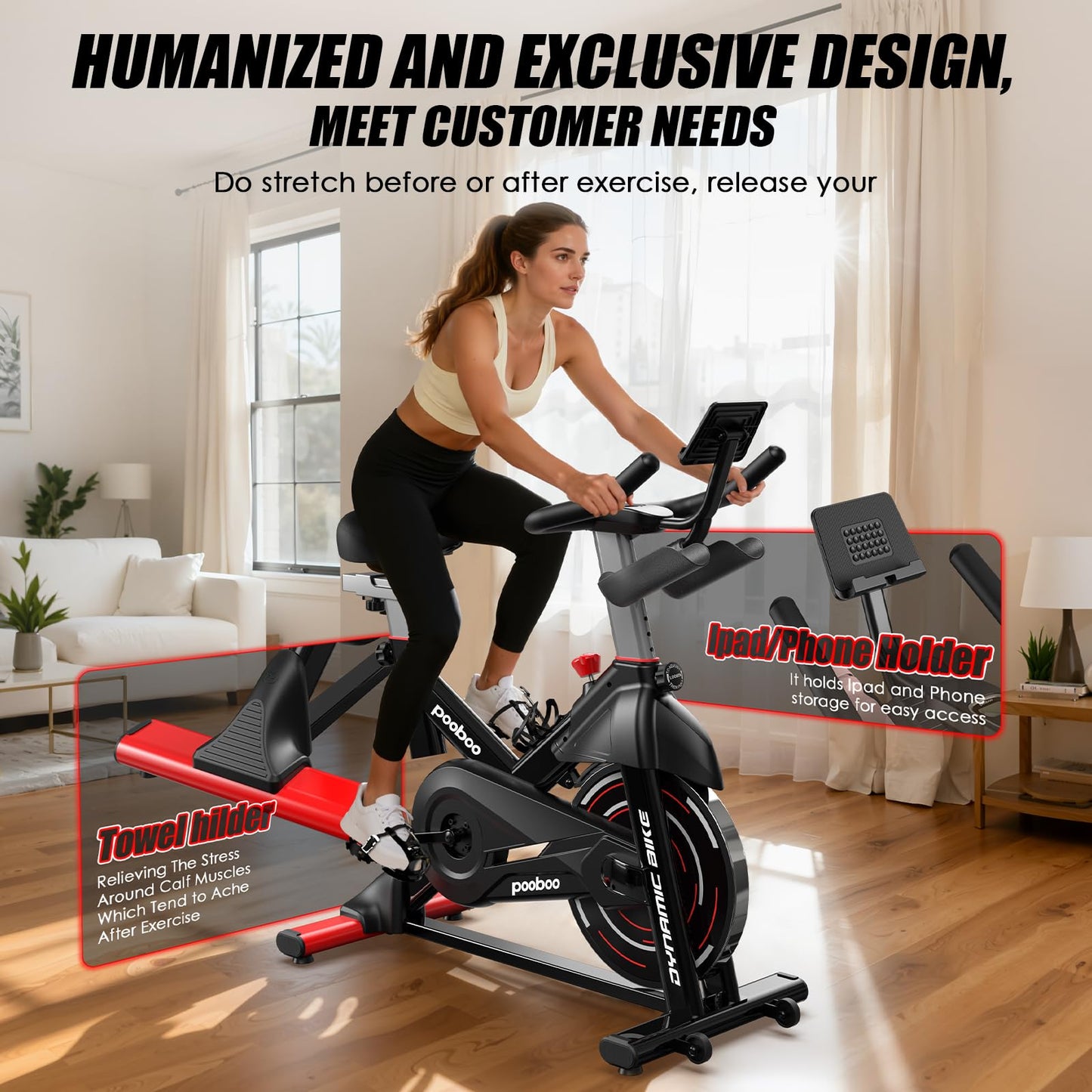 pooboo Exercise Bike, Adjustable Magnetic Resistance Stationary Bikes for Home with App Compatible, Quiet Indoor stationary bikes with 350lbs Weight Capacity Comfortable Seat,Tablet Mount and Fitness Courses for Weight Loss
