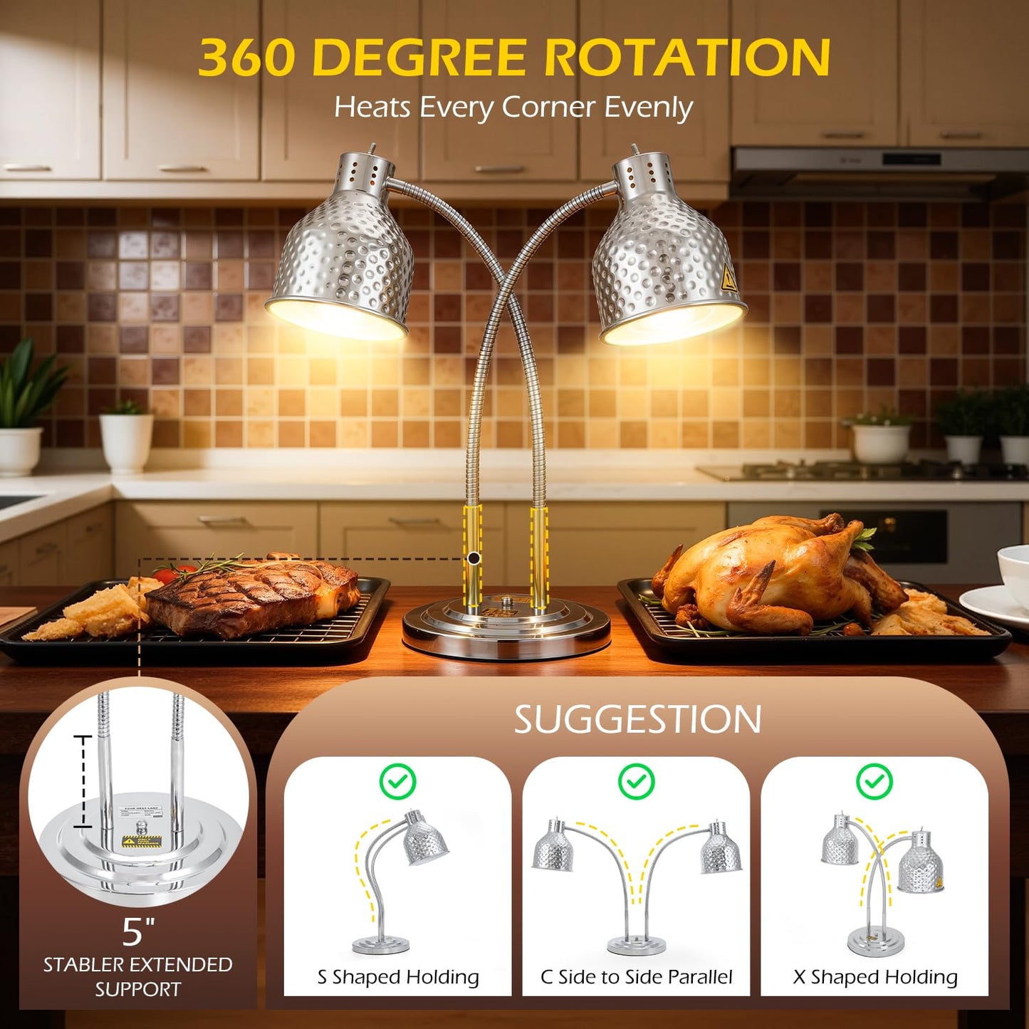 Dyna-Living Food Heat Lamp, 2-Head Adjustable Commercial Food Warmer Lamp Portable Electric Heat Lamp for Food Catering Warming Lights for Buffet Parties Restaurant Kitchen, 500W Silver