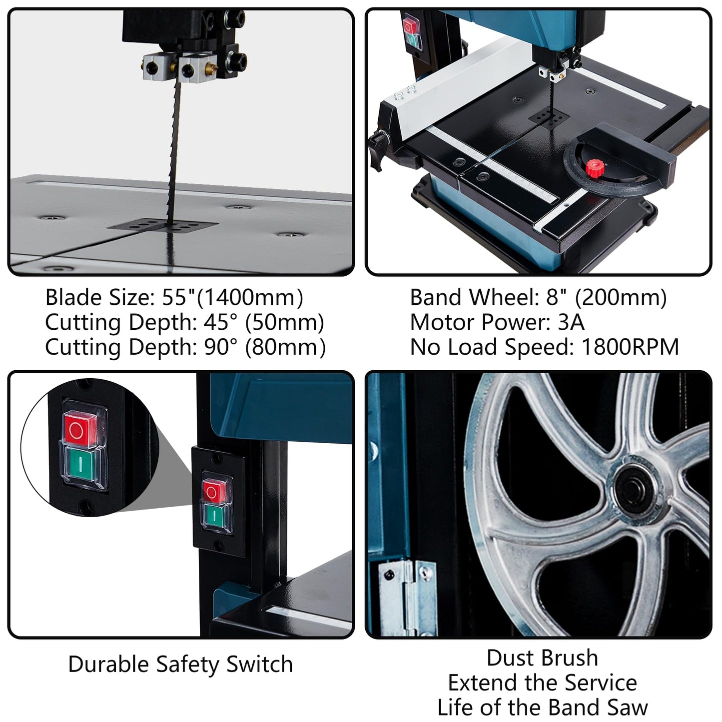 PioneerWorks 8-Inch Bandsaw, 3-Amp Band Saw, 1800FPM Benchtop Bandsaw with Removable Safty Key, 0-45 Tilting Range, Saw For Cutting Wood with Fence and Miter Gauge, Band Saws for Woodworking
