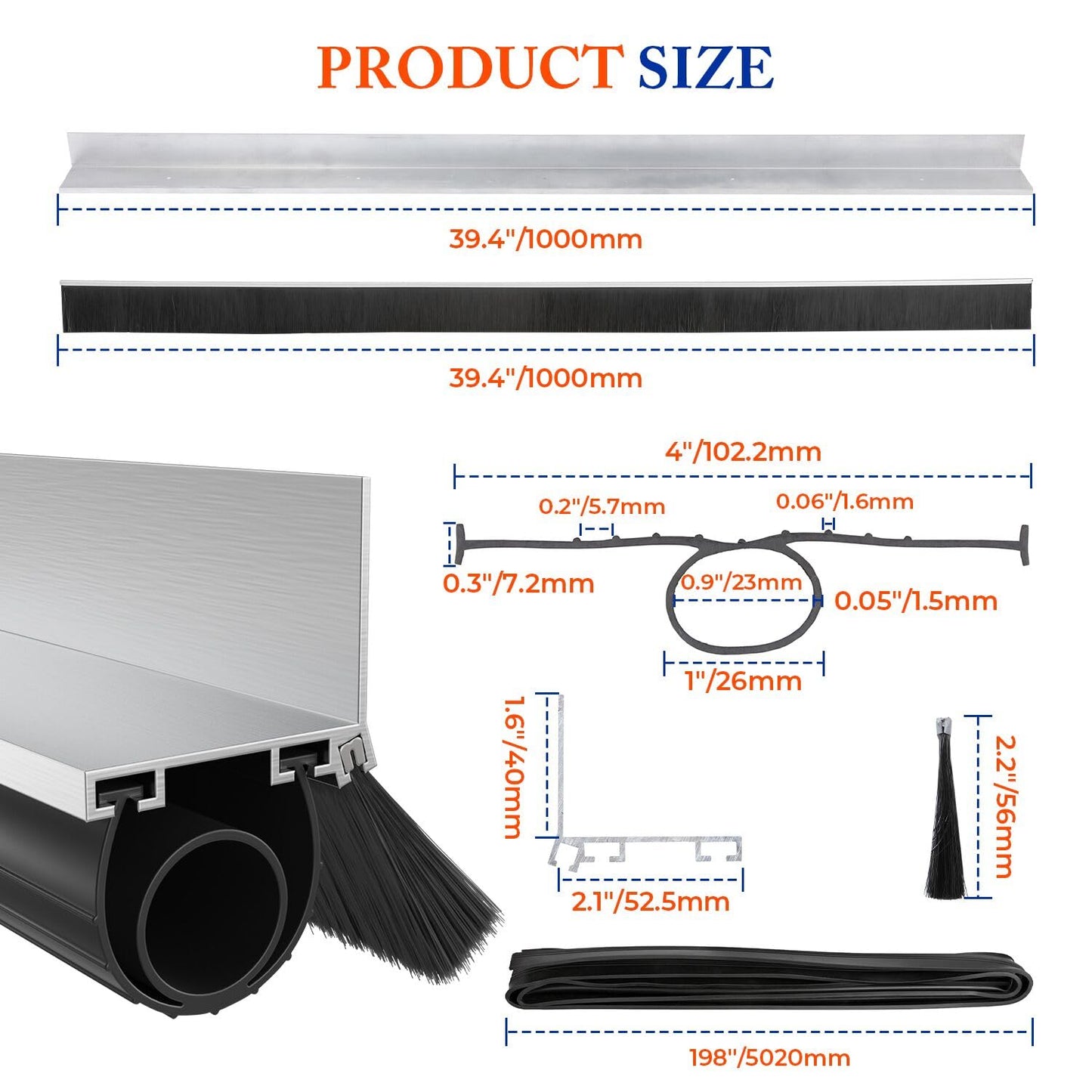 ‌POWLAB Universal Garage Door Seals Kit -16.5FT EPDM U+O Bottom Rubber Weatherproof Seal & Brush, Pre-Drilled Aluminum Track Retainer Base Kit for Steel/Wooden Doors, Noise Reducing