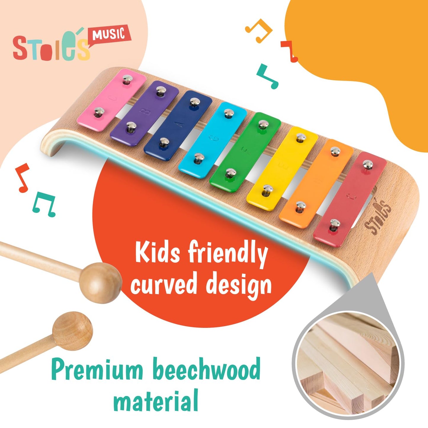 Stoie's Wooden Xylophone for Kids and Toddlers, Curved Design, 8 Notes of Rainbow Color, Tuned C-Key Xylophone with Mallets, Music Songbook, Kids Musical Instrument Educational Montessori Toys