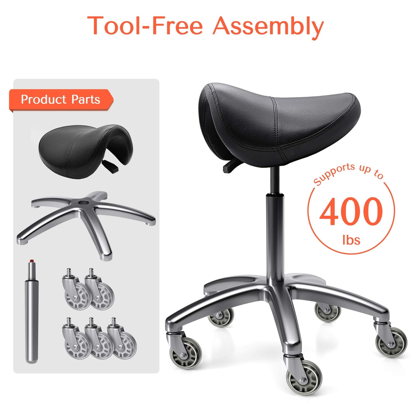 TASALON Saddle Stool - Ergonomic Saddle Chair - Comfortable Saddle Stool with Wheels - Swivel Salon Cutting Stool for Kitchen, Salon, Spa, Tattoo, Pedicure, Massage -Esthetician Chair – Black
