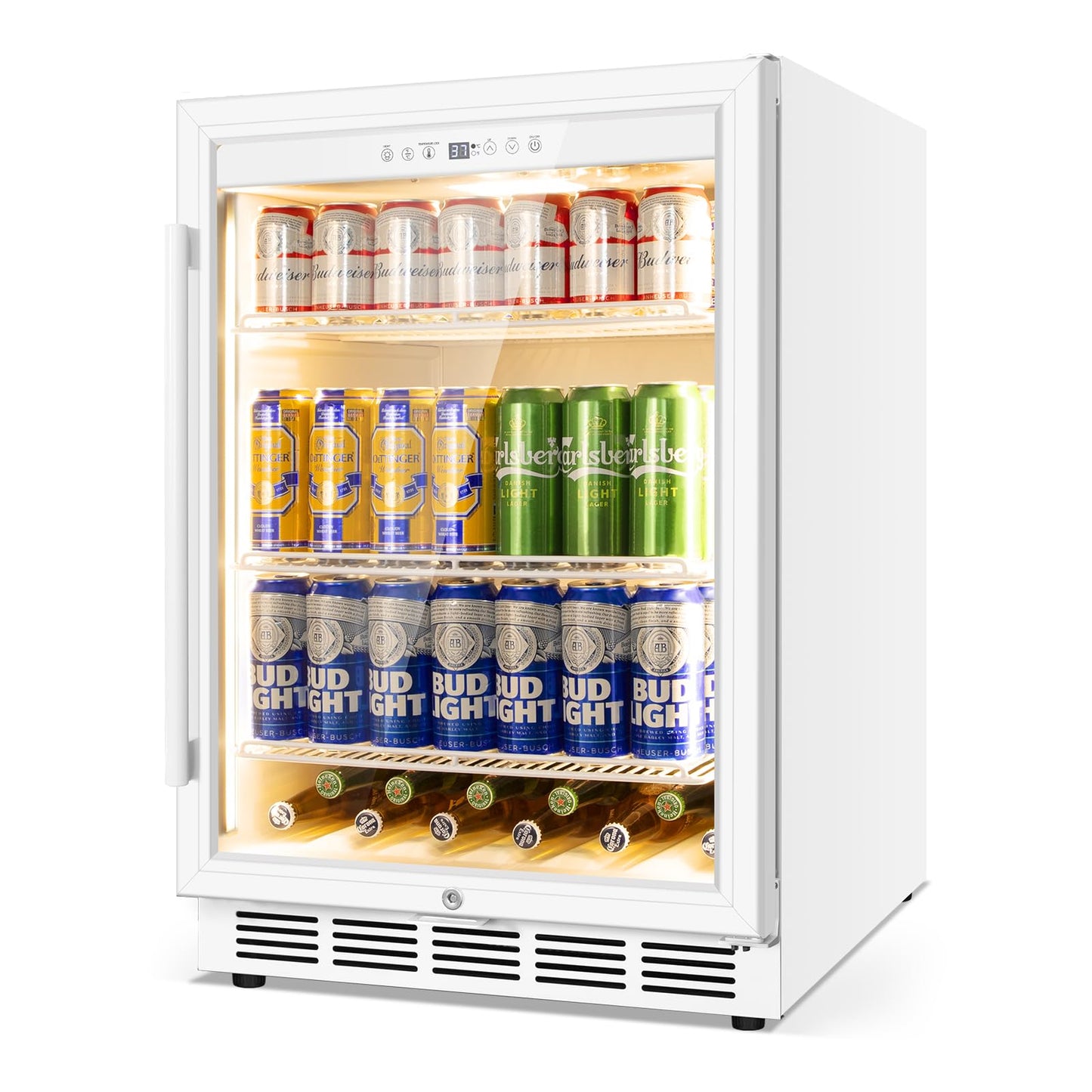 FoMup 24 Inch Beverage Refrigerator with Glass Door, Undercounter Beverage Fridge 200 Cans Large Capacity, Beverage Cooler for Beer Soda with Reversible Door, Temperature Control, Safety Lock, White