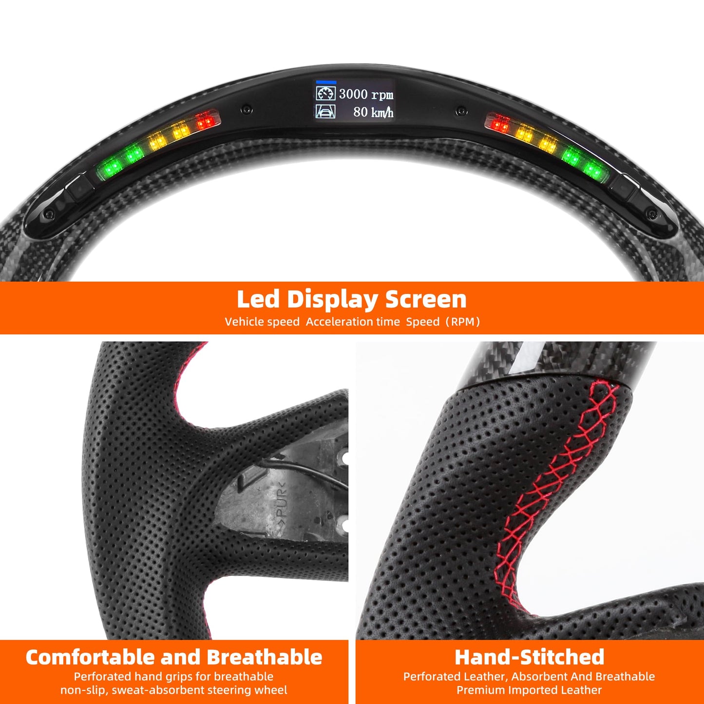 Steering Wheel for Infiniti 2014-2017 Q50 LED Display Indicator Real Carbon Fiber Steering Wheel Perforated Leather Anti-Slip for 2014-2017 Q50