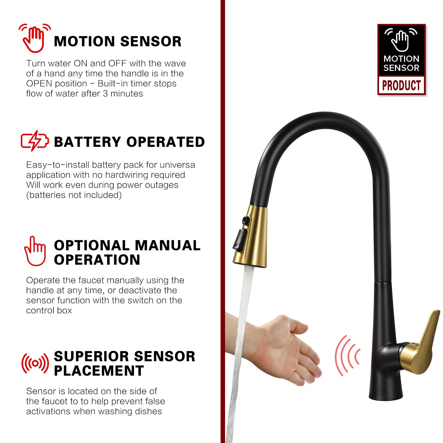sumerain Hands-Free Touchless Kitchen Sink Faucet Single Handle Black and Gold Motion Sensor Pull Down Kitchen Faucet
