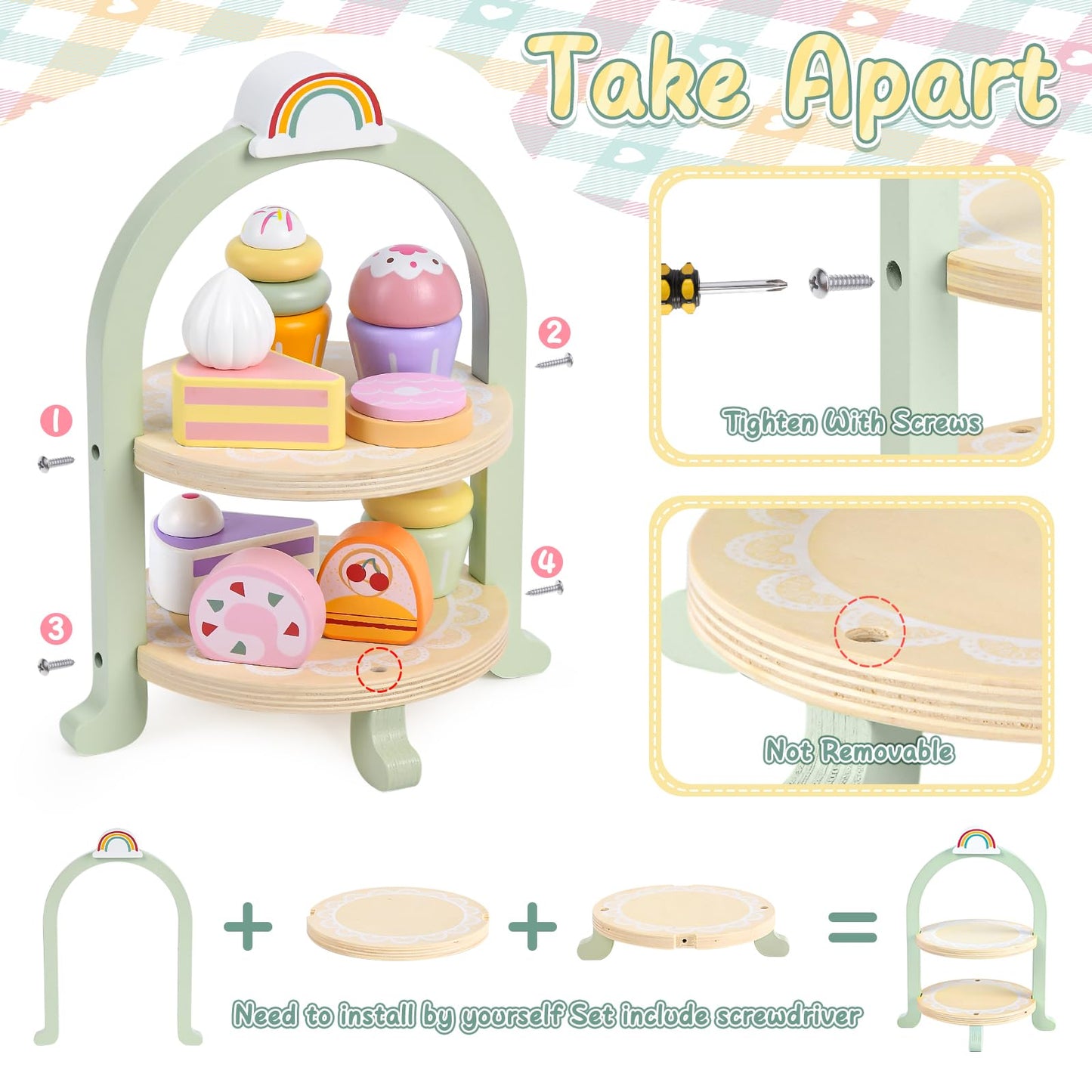 Lonico Wooden Tea Party Set for Little Girls Toddler Tea Set with Cupcake Stand & Food Dessert, Play Kitchen Accessories for Toddlers 2 3 4 5 6 Years Old, Wooden Toys Birthday Kids Girls Gifts 3-6