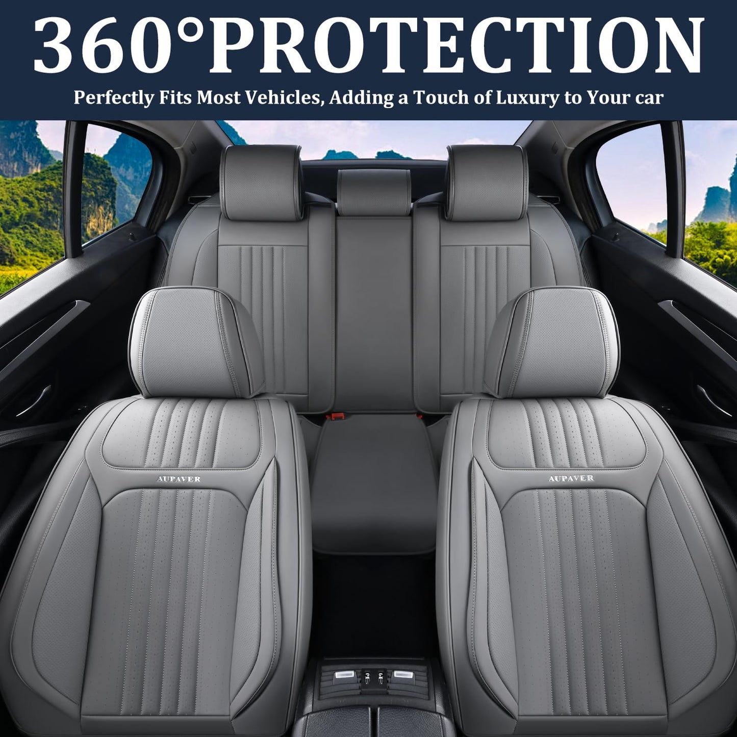 Aupaver Seat Covers, Waterproof Car Seat Cover for Cars 5 Seats, Universal Leather Seat Covers, Front & Rear Automotive Seat Covers Car Seat Cushion, Leatherette Seat Protector for Most Cars, Gray
