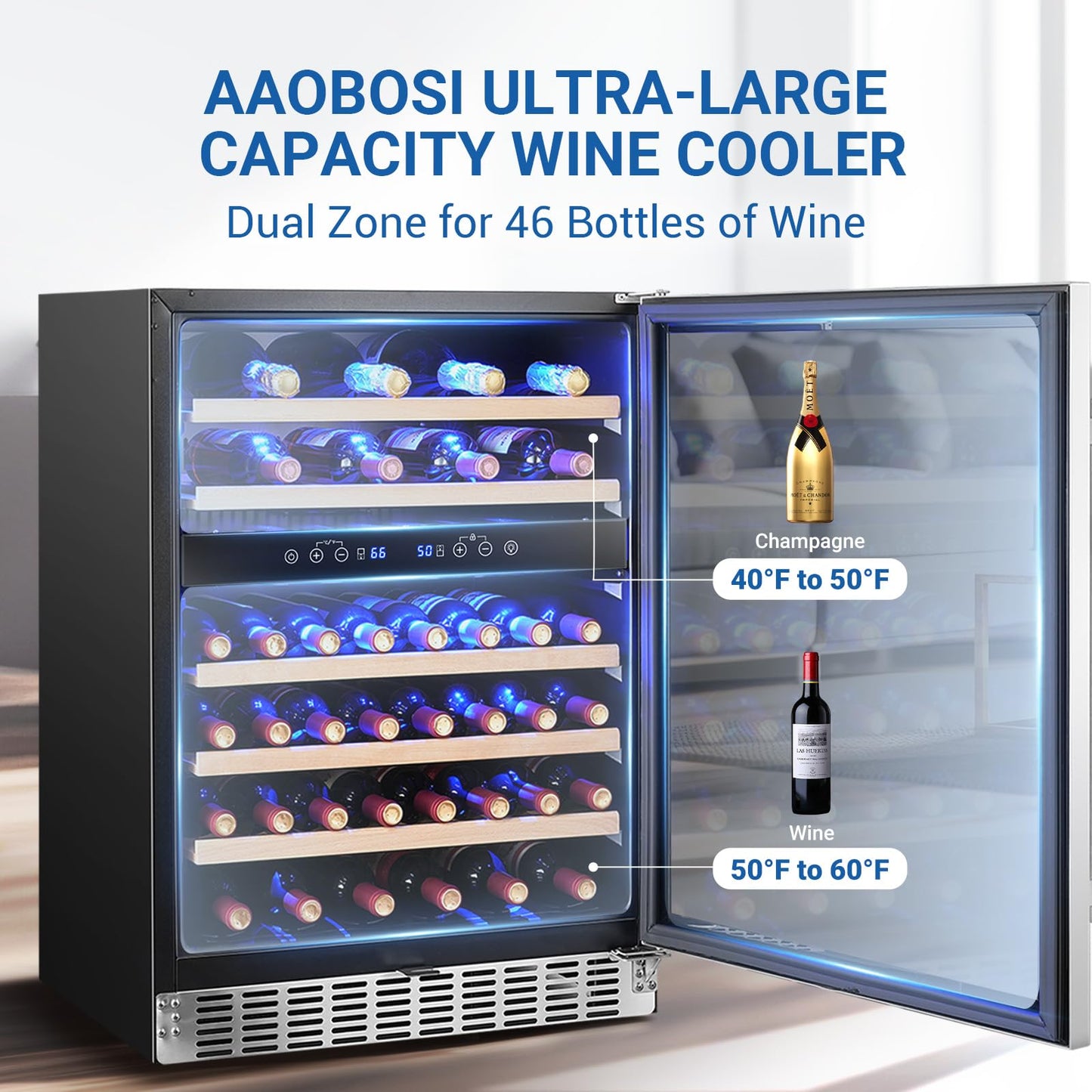 AAOBOSI Wine Fridge Cooler, 46 Bottles,24 inch Dual Zone Wine Cooler Under Counter with Safety Lock,Built-in or Freestanding Wine Refrigerators for Home,Office,Bar