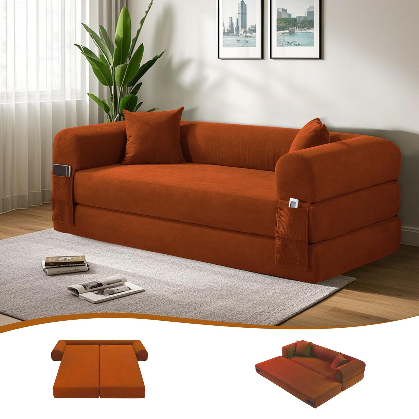 80" Convertible Sofa Bed, 3-in-1 Corduroy Folding Pull Out Couch with Pillows, No Assembly Modern Boneless Couch Compression Sofa in Box, Floor Sofa with Side Storage Pocket for Living Room, Orange