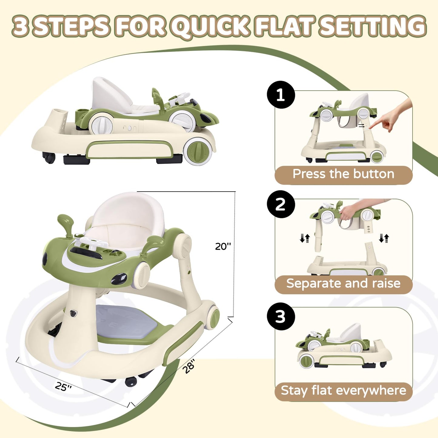 Baby Walker with Wheels, 5-in-1 Foldable Infant Toddler Walker for Boys Girls 6-18 Month, Music Walker for Baby with Car Steering Wheel &Removable Footrest,Baby Push Walker Green