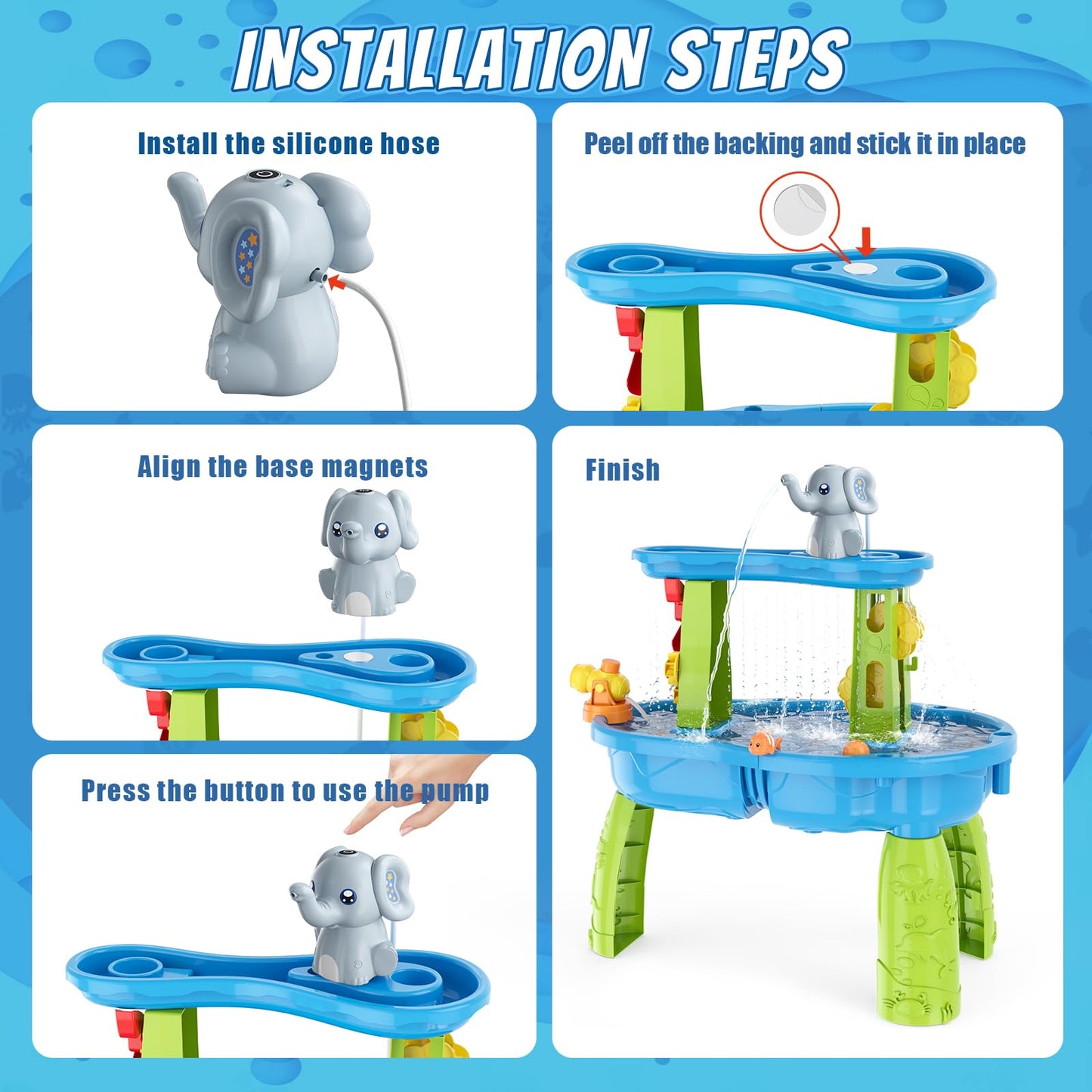 Wee Wonders Water Table Pump with Magnetic Sheet & Rechargeable, Elephant Water Pump Continuous Flow, Outdoor Sand and Water Table Toys Accessories for Toddlers, Summer Beach Toy Gifts for Kids 3-8