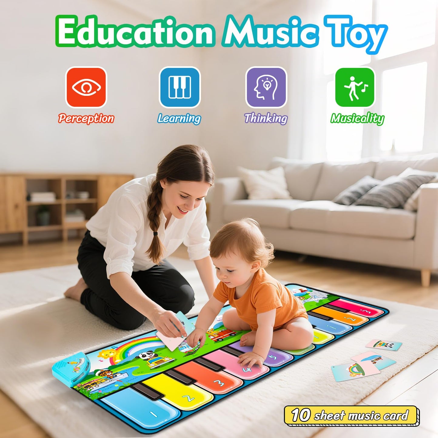 FUCEORUY Piano Mat Musical Toys for Toddlers 1-3, Sensory Learning Toy Floor Piano Playmat Toys for 1 2 Year Old Boy Girl Gifts, with 7 Animal, 7 Vehicle & 10 Songs Sound (Kids Edition)