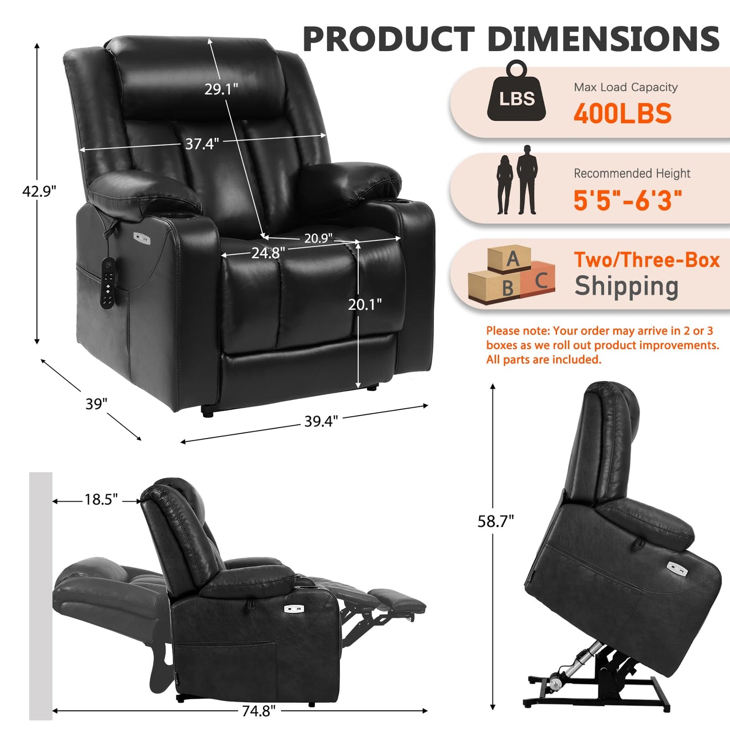 EONIX Dual Motor Oversized Power Lift Recliner Chair for Elderly, 400lbs Heavy Duty Faux Leather Recliner with Massage and Heat, Lay Flat Big and Tall Lift Chair with Cup Holders, Black