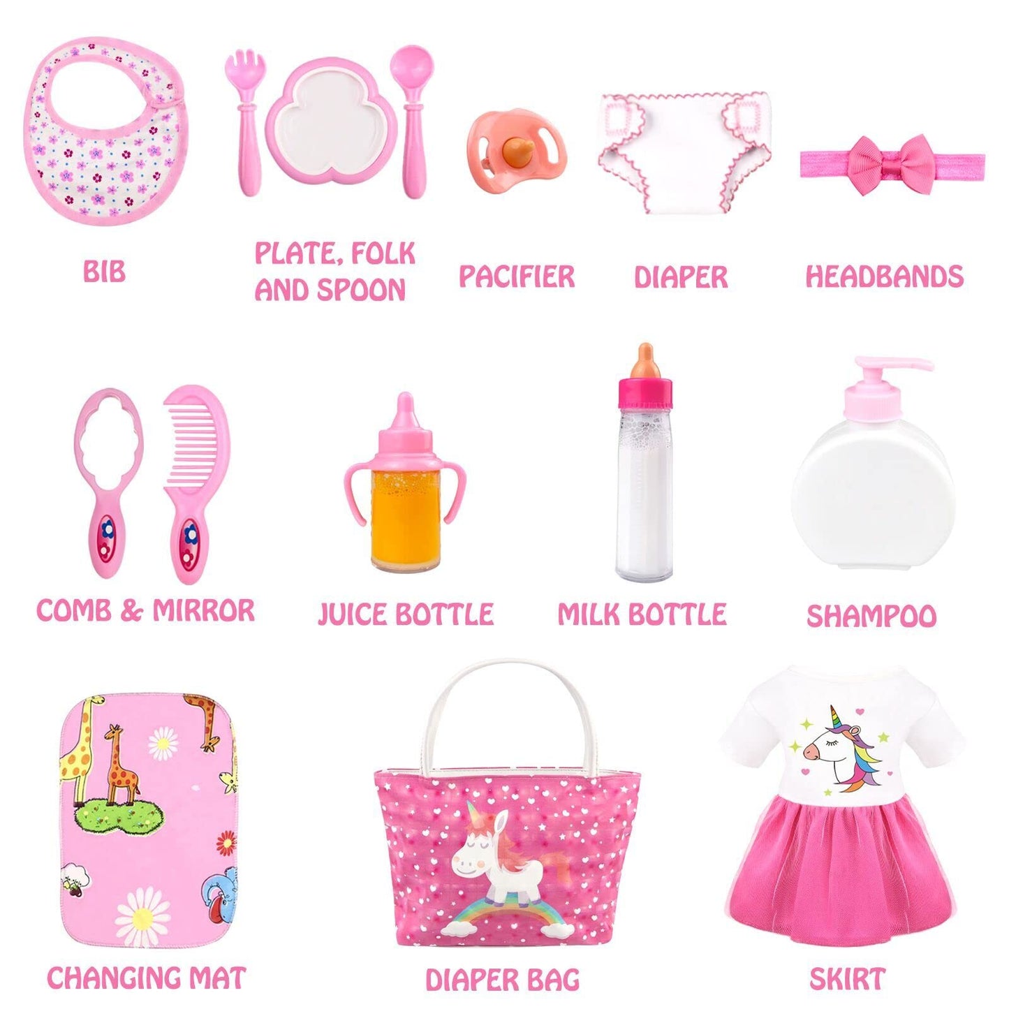 BNUZEIYI Baby Doll Accessories - Feeding and Caring Set With Diaper Bag, Bottles for Girls Toys Gift, Stuff Clothes Fit 14-16 Inch and 18 Inch Dolls