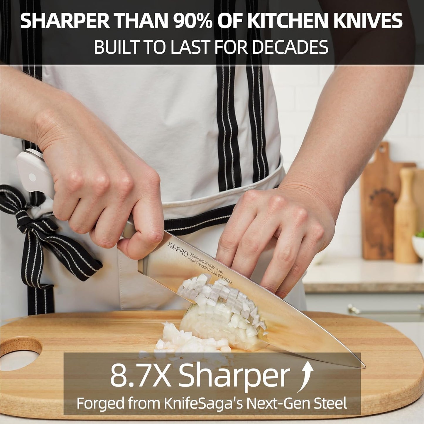 15 Pcs Kitchen Knife Block Set, Enduring Razor-Sharp High Carbon Stainless Steel Chef Knife Set with Block and Sharpener, Premium Knife Set for Kitchen, White Acacia
