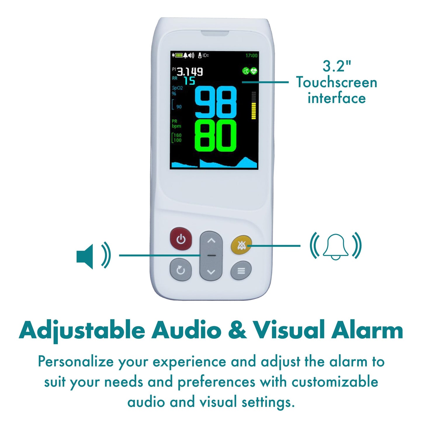 CMI Health CH-100 Handheld Pulse Oximeter - Measures Oxygen Level, Pulse Rate & Respiration Rate - Adjustable Audio & Visual Alarm - 1440 Hours of Continuous Data Storage